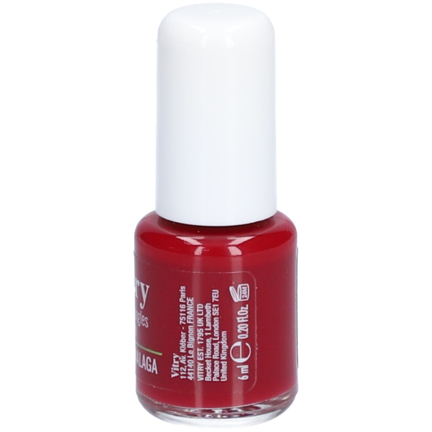 Rode nagellakfles met witte dop. Opschrift: Vitry, BE GREEN, Rouge Malaga. Volume: 6 ml.