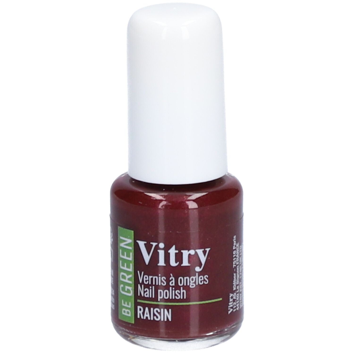 Flacon de vernis à ongles avec bouchon blanc. Inscription : Vitry, Vernis à ongles, Nail polish, Raisin. Flacon contenant un liquide rouge foncé.