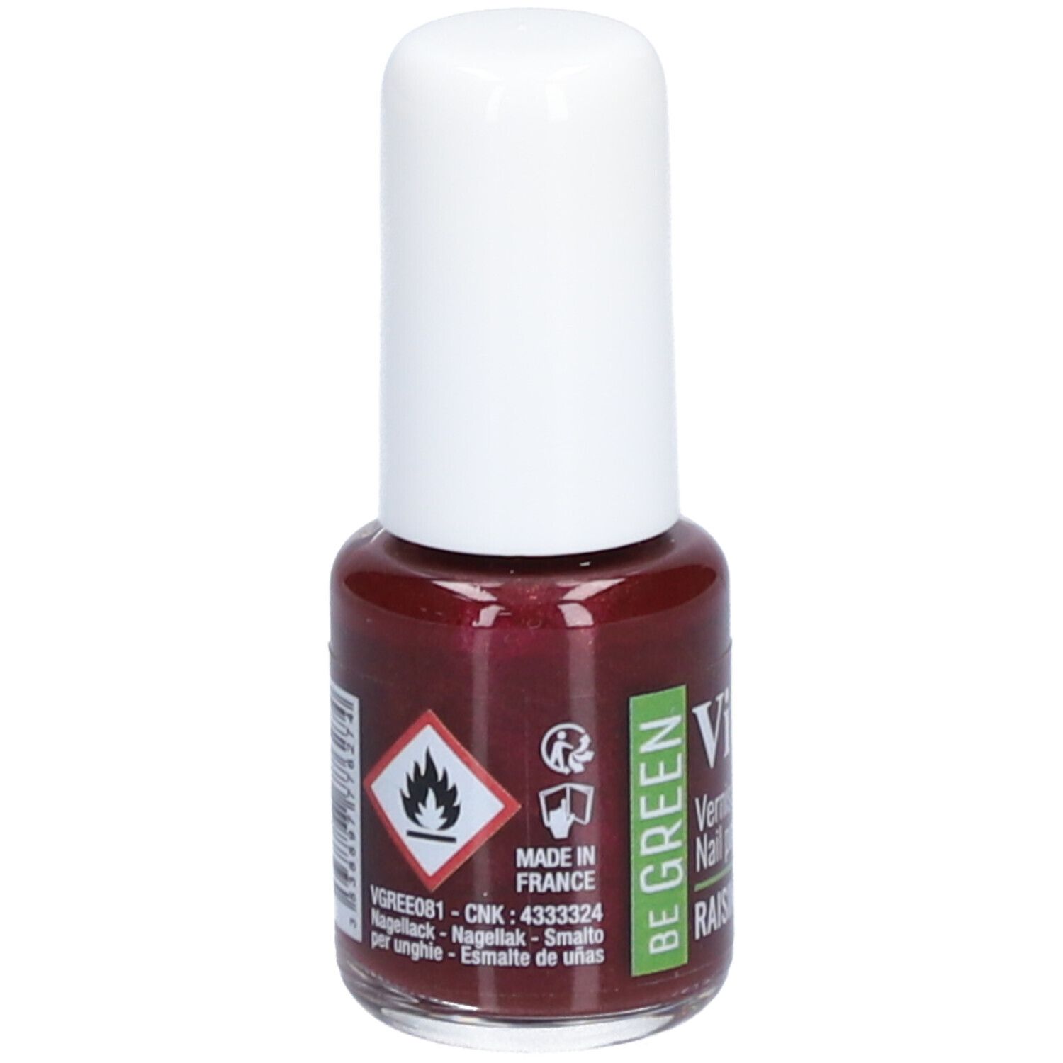 Flacon de vernis à ongles avec bouchon blanc. Inscription : Vitry, Vernis à ongles, Nail polish, Raisin. Contient un avertissement. Fabriqué en France.