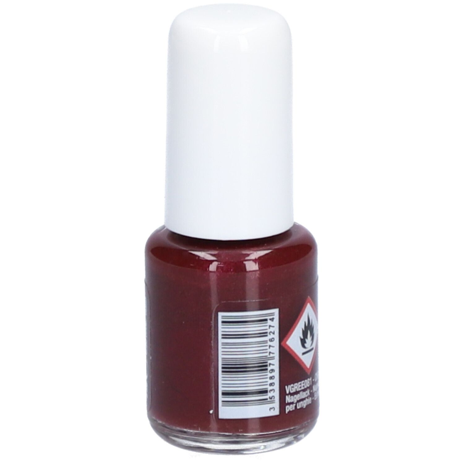 Flacon de vernis à ongles avec bouchon blanc. Inscription : Vitry, Vernis à ongles, Nail polish, Raisin. Avec code-barres et avertissement.