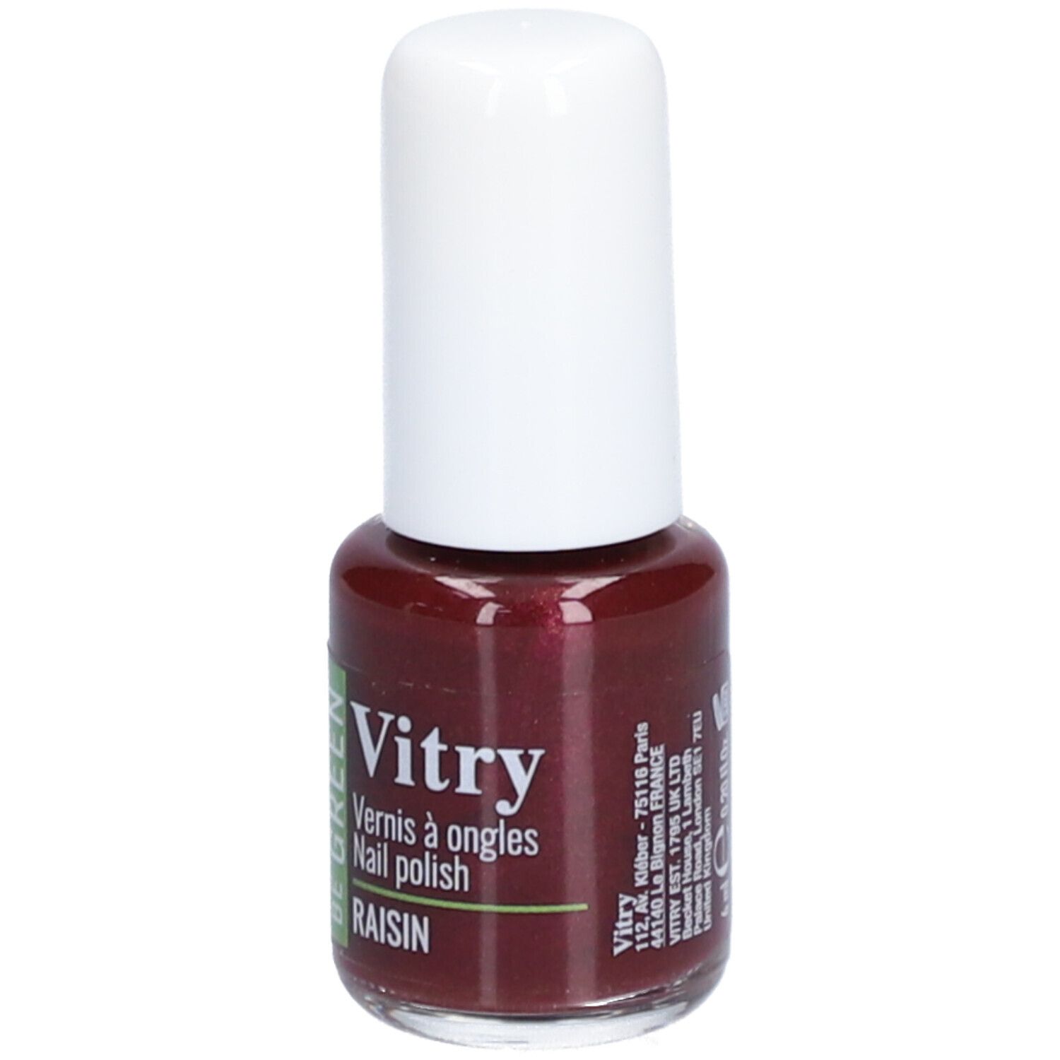 Flacon de vernis à ongles avec bouchon blanc. Inscription : Vitry, Vernis à ongles, Nail polish, Raisin. Flacon contenant un liquide rouge foncé.