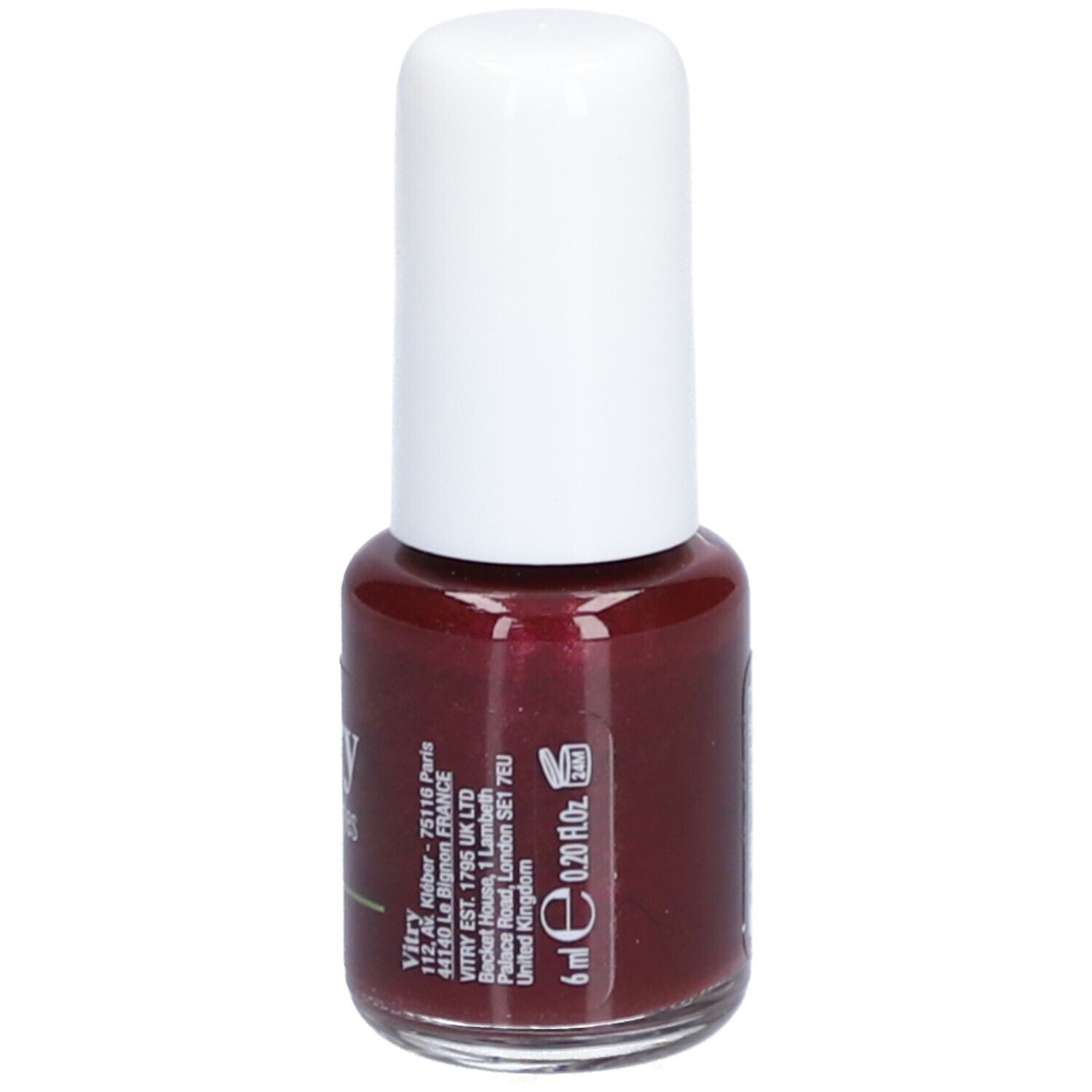 Flacon de vernis à ongles avec bouchon blanc. Inscription : Vitry, Vernis à ongles, Nail polish, Raisin. Contenu : 6 ml. Avec avertissement.