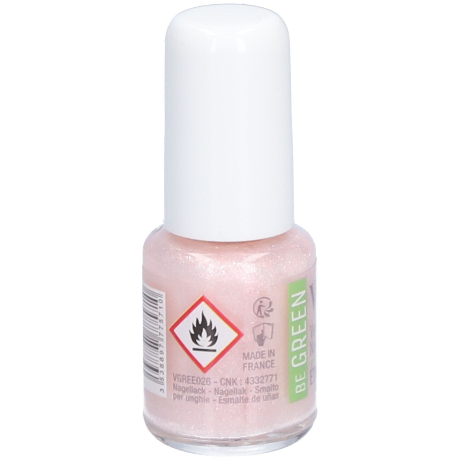 Achterkant nagellakflesje. Waarschuwing, vlam-symbool. Opschrift: MADE IN FRANCE, BE GREEN.