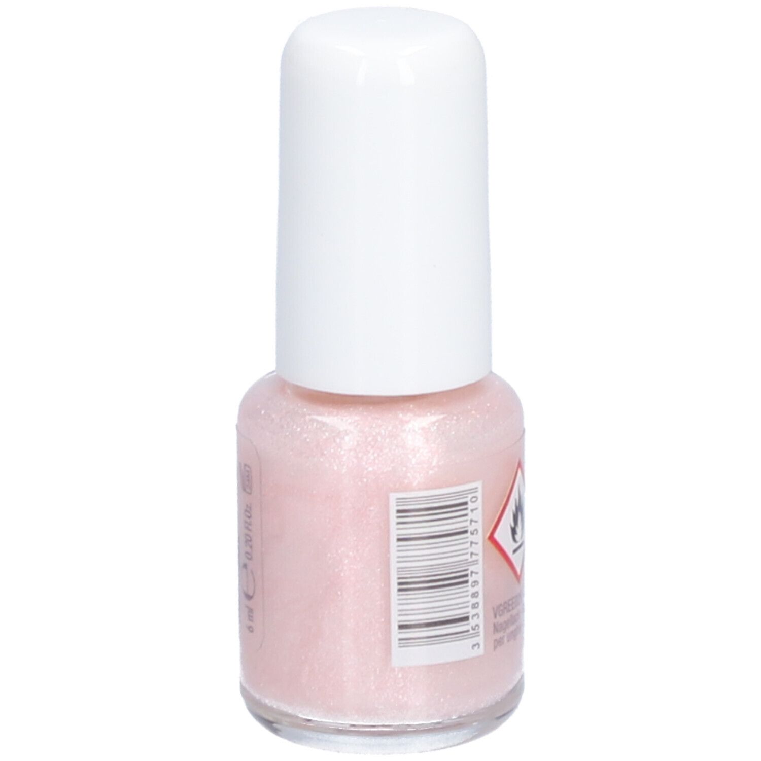 Achterkant nagellakflesje. Streepjescode en waarschuwing. Roze lak met glitter.