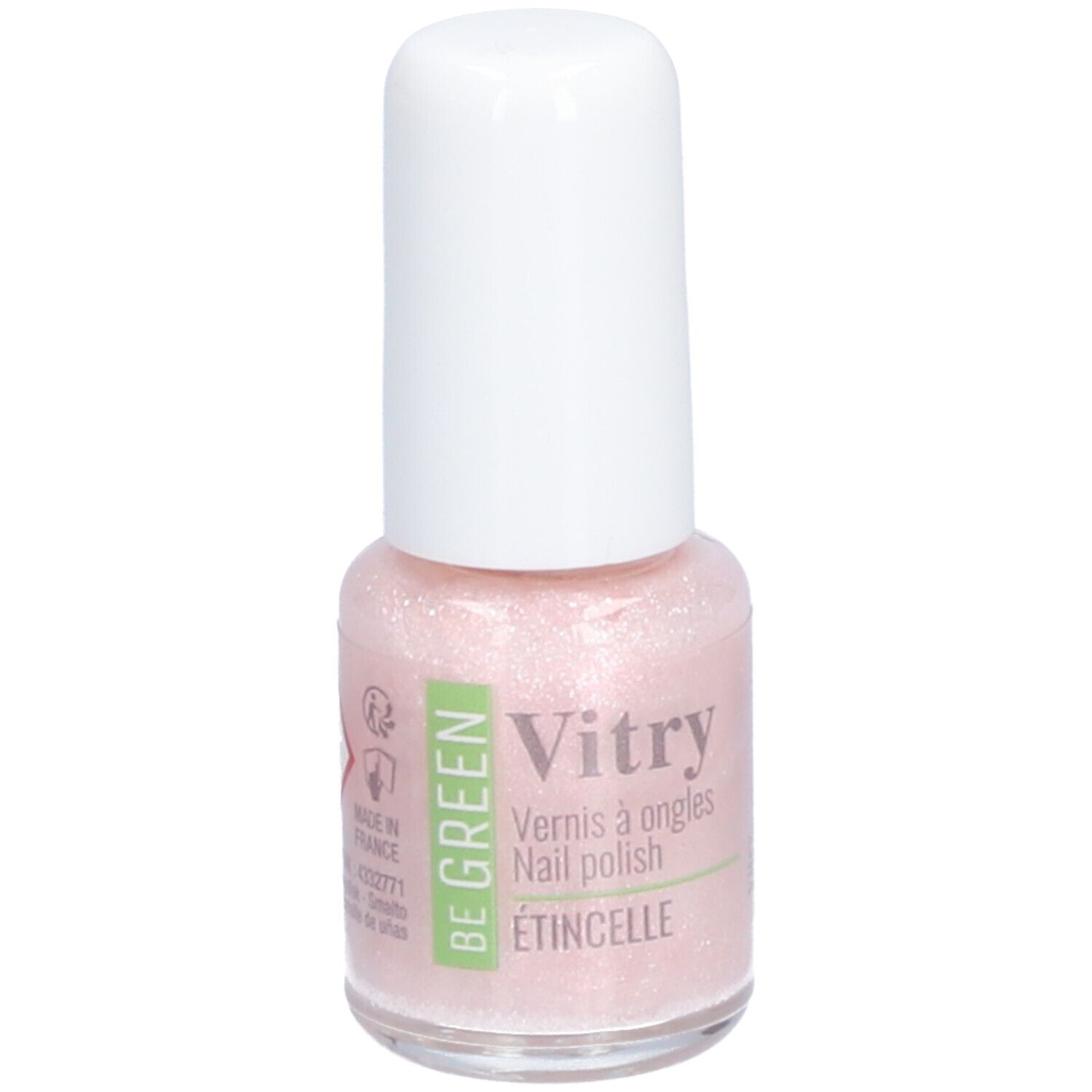 Nagellakflesje met witte dop. Roze lak met glitter. Opschrift: Vitry, BE GREEN, ETINCELLE.