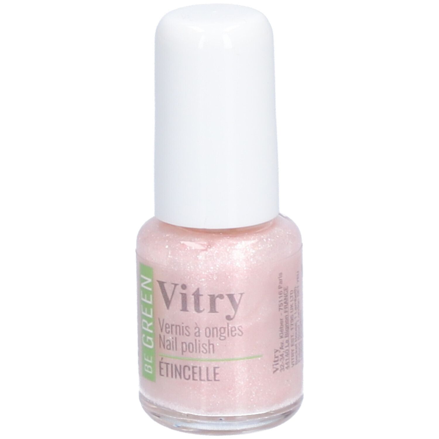 Nagellakflesje met witte dop. Roze lak met glitter. Opschrift: Vitry, BE GREEN, ETINCELLE.
