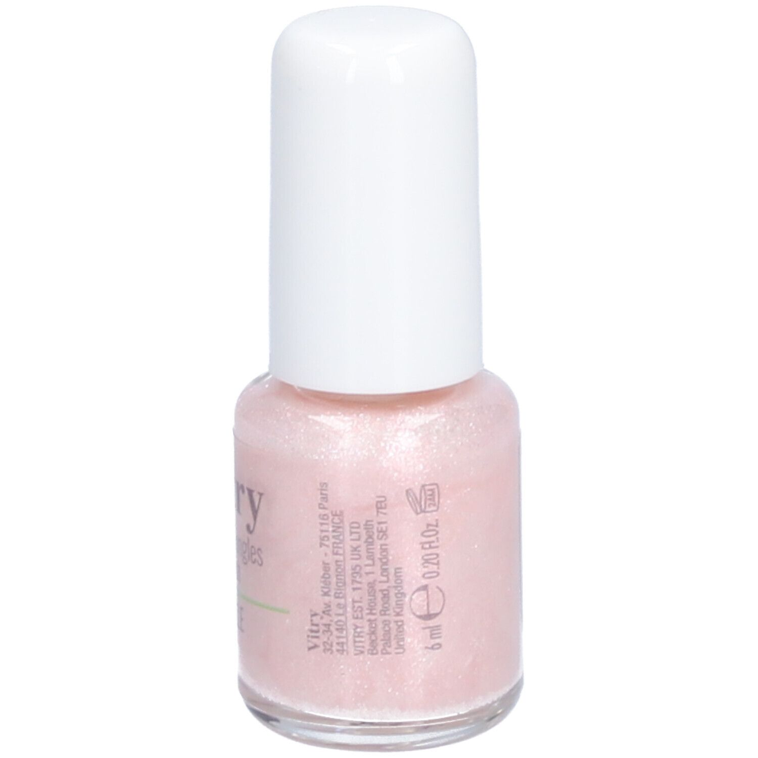 Nagellakflesje met witte dop. Roze lak met glitter. Opschrift: Vitry, 6 ml, 0.20 fl.oz.