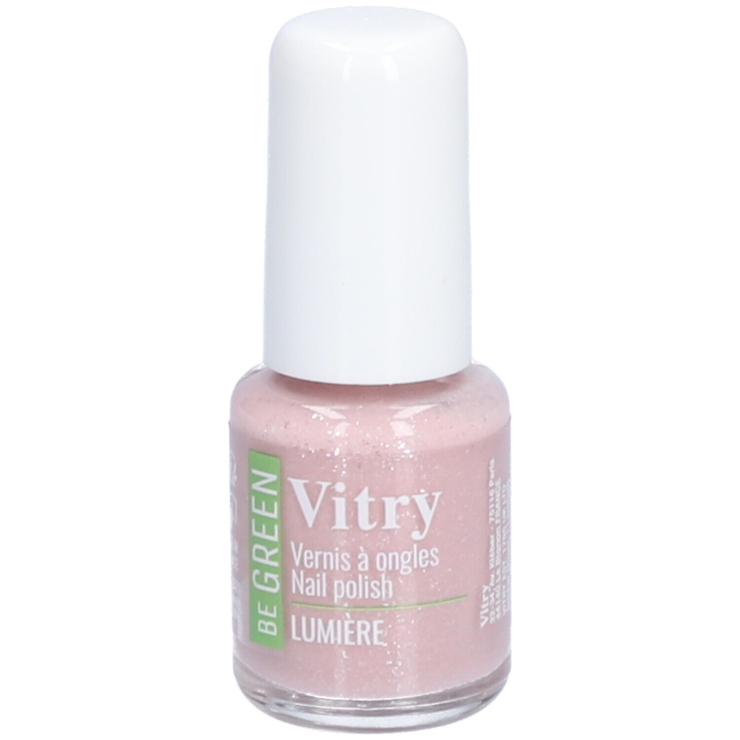 Nagellakflesje met roze inhoud en witte dop. Opschrift: Vitry, Be Green, Lumiere.