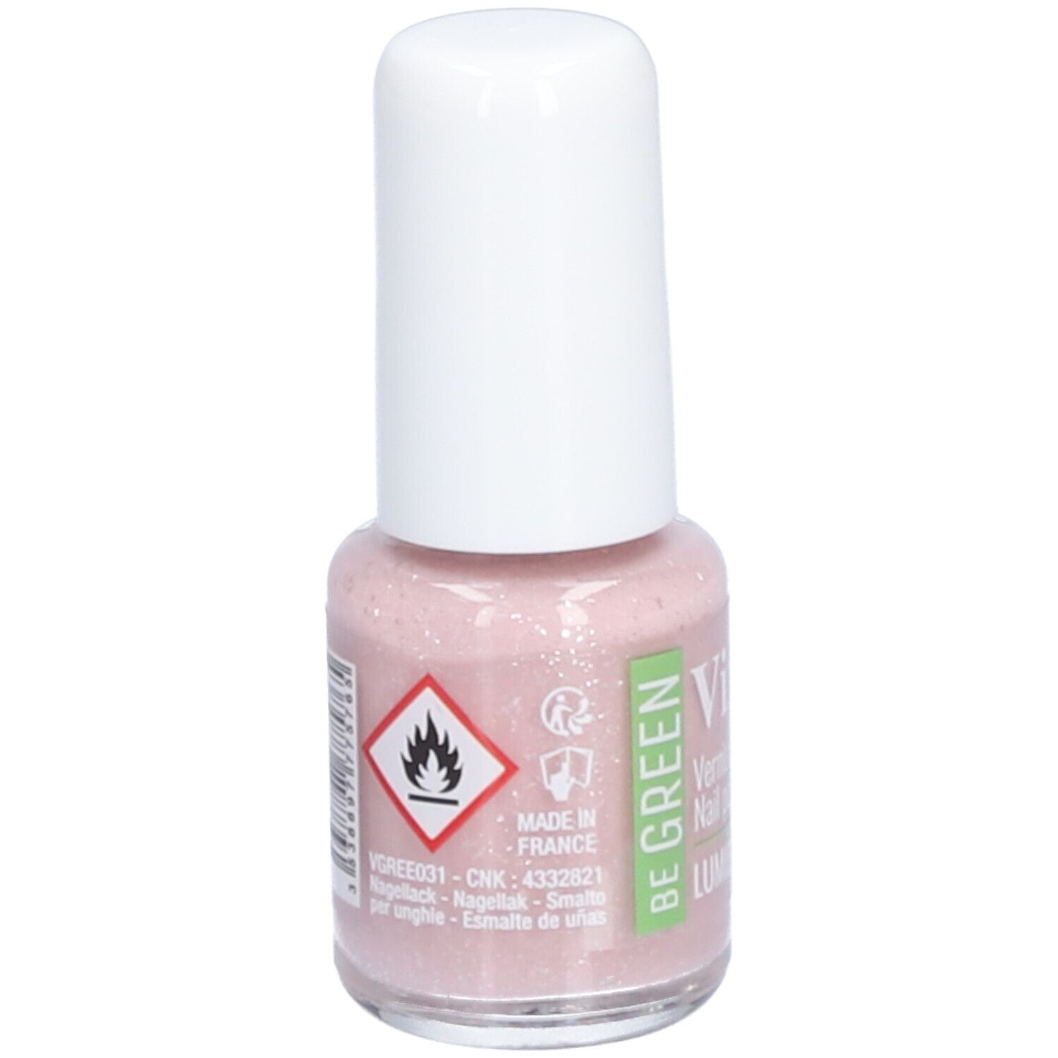 Nagellakflesje met roze inhoud en witte dop. Waarschuwing: Ontvlambaar. Opschrift: Vitry, Be Green, Lumiere.