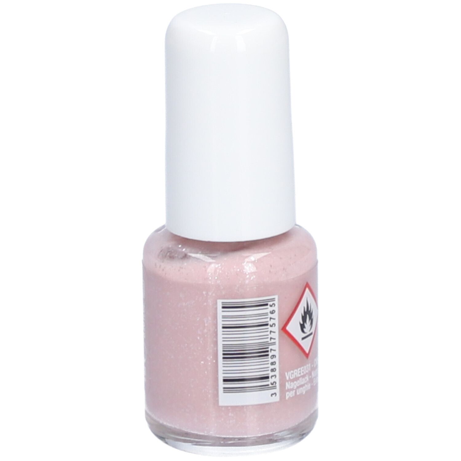 Nagellakflesje met roze inhoud en witte dop. Barcode en waarschuwing: Ontvlambaar.