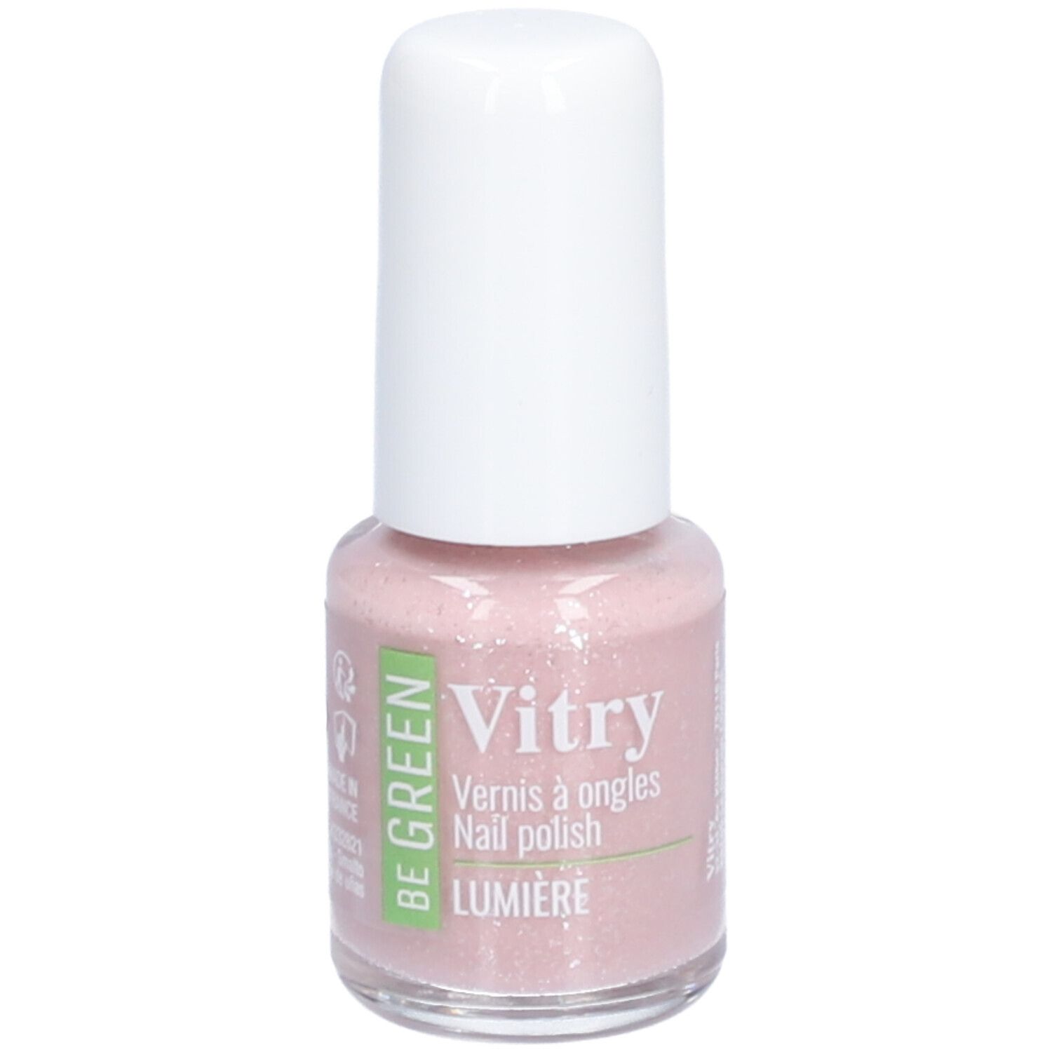 Nagellakflesje met roze inhoud en witte dop. Opschrift: Vitry, Be Green, Lumiere.