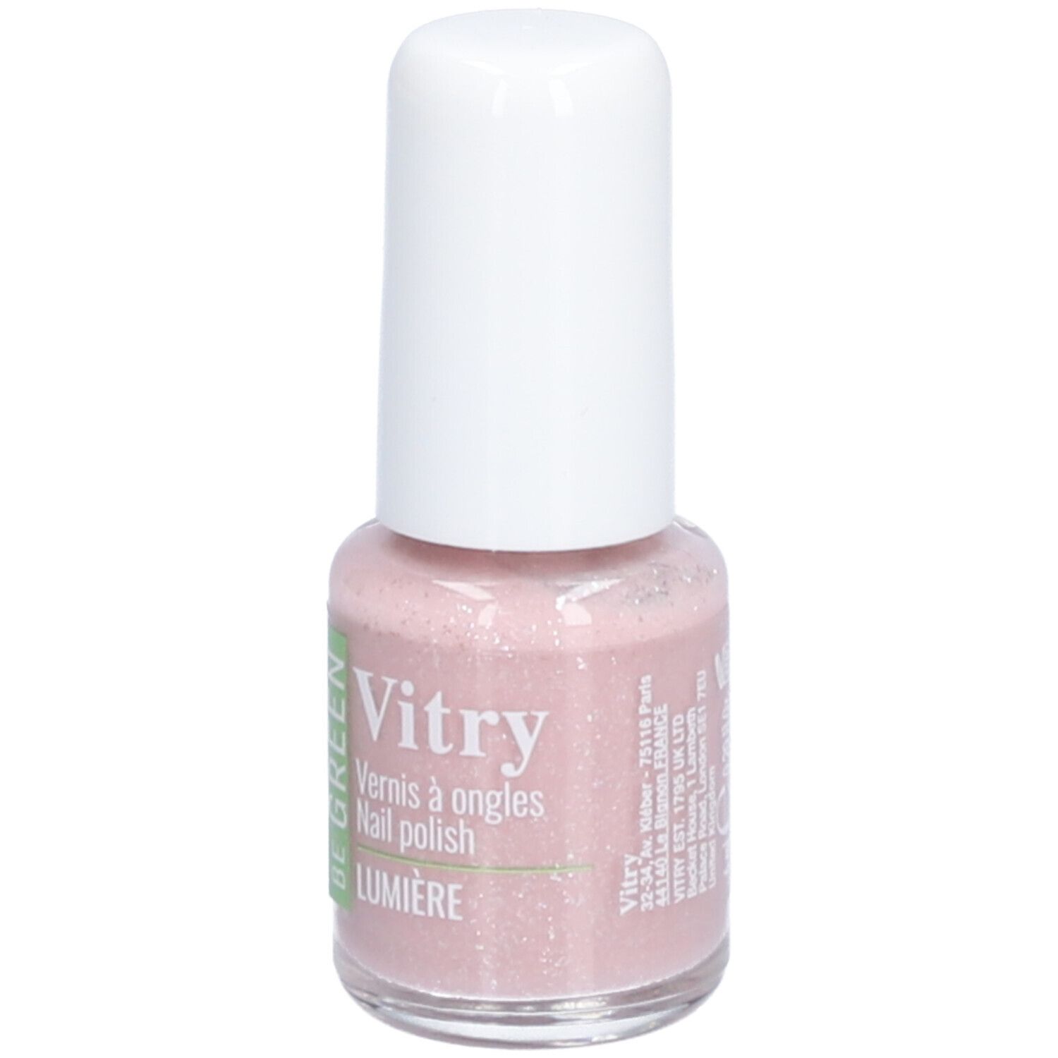 Nagellakflesje met roze inhoud en witte dop. Opschrift: Vitry, Be Green, Lumiere.