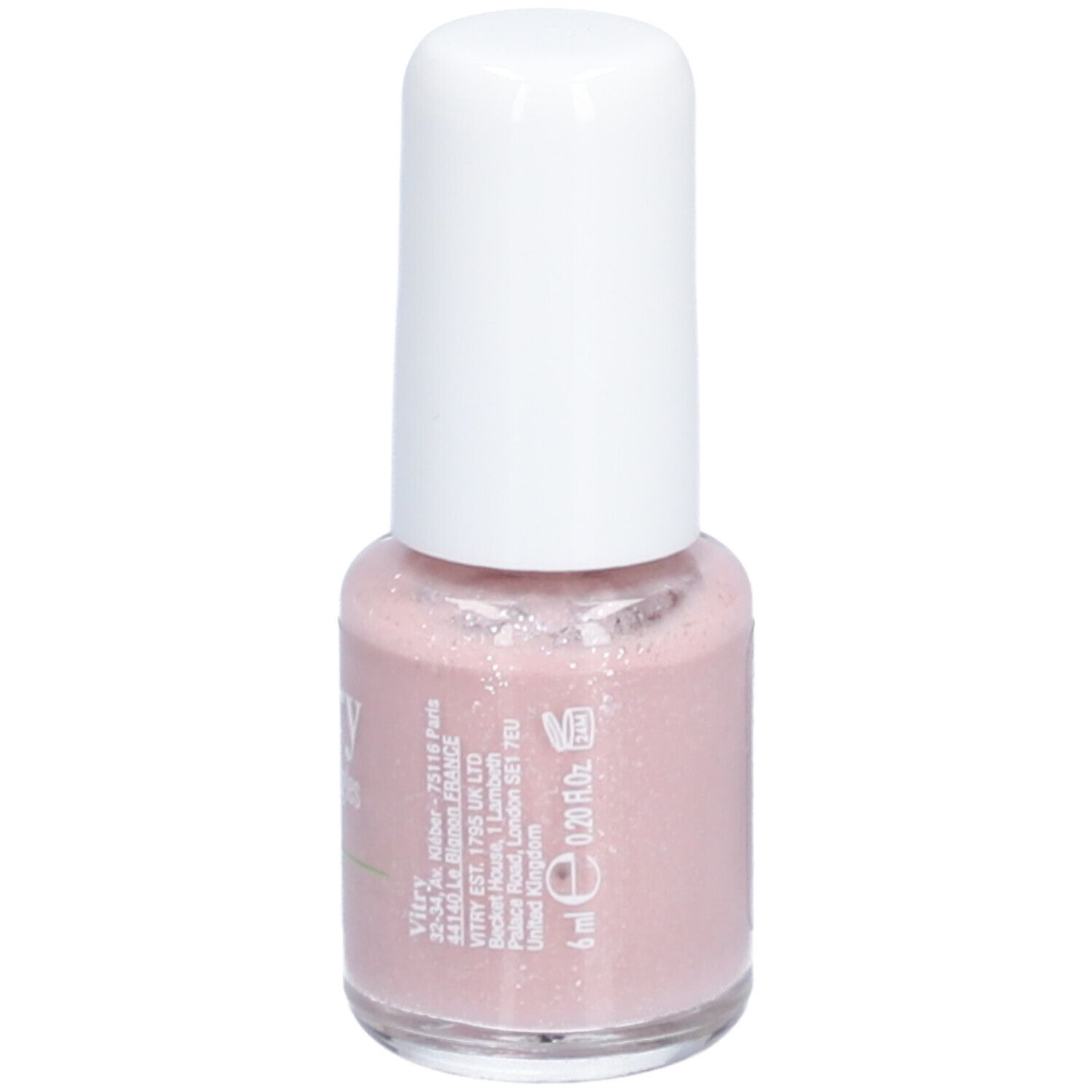 Nagellakflesje met roze inhoud en witte dop. Volume: 6 ml. Opschrift: Vitry.
