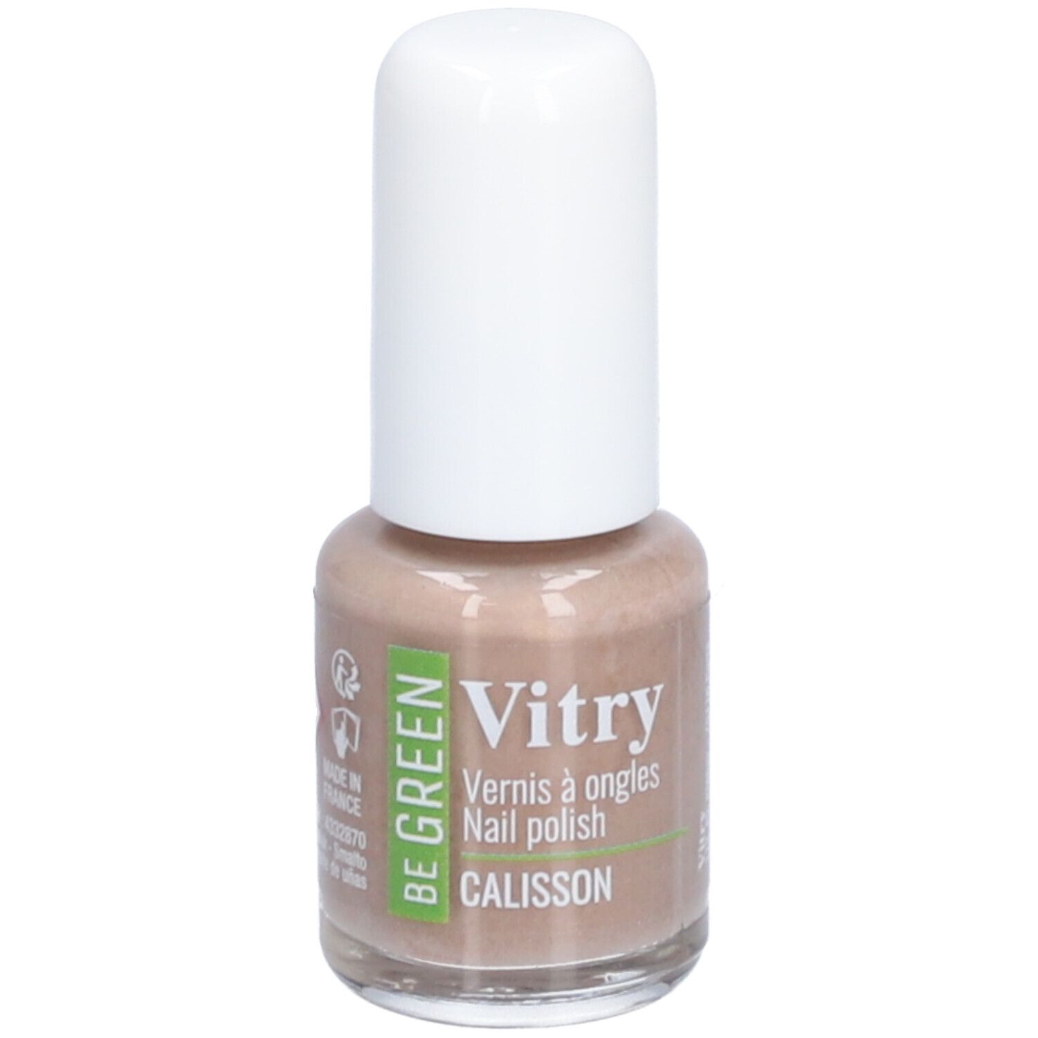 Nagellakfles met witte dop. Opschrift: Vitry, Vernis à ongles, Nail polish, CALISSON. Beige tint.