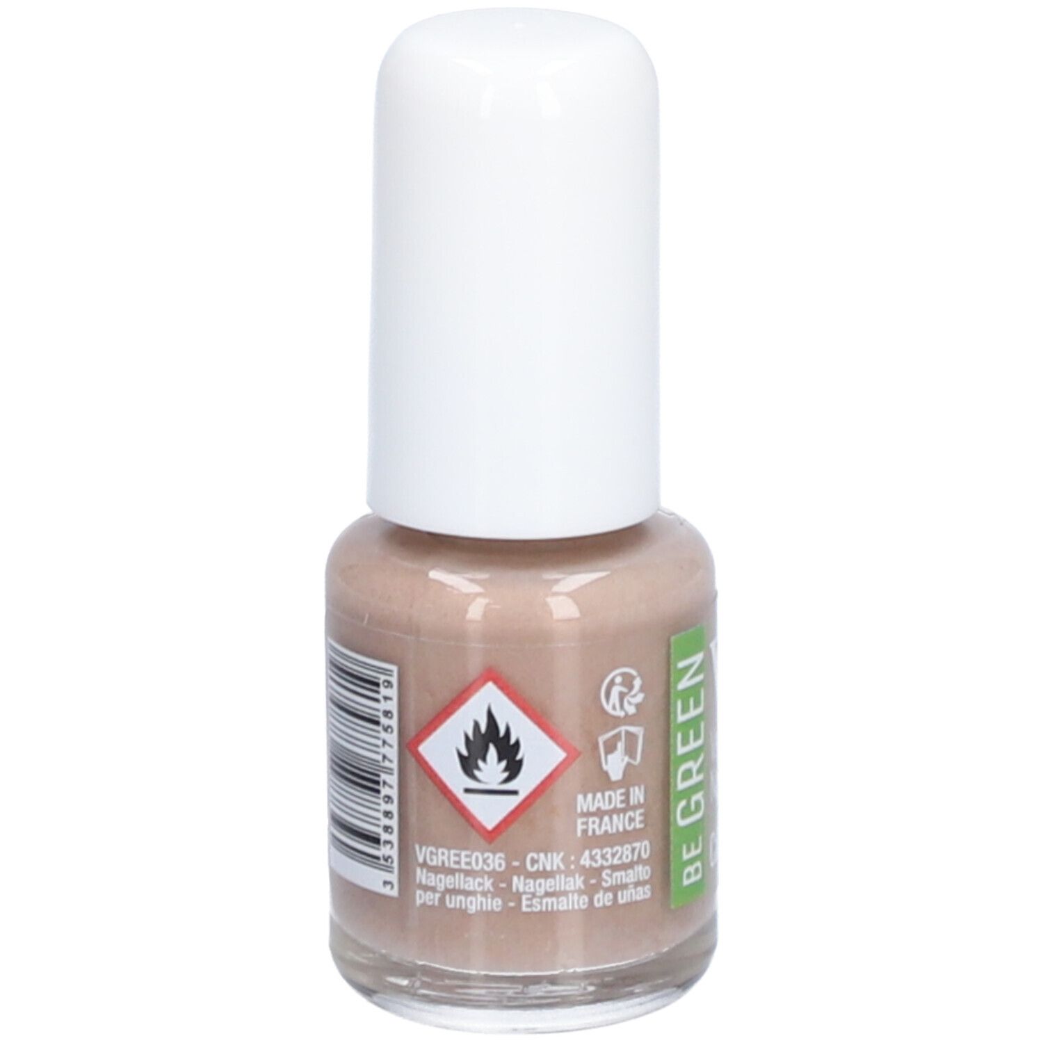 Nagellakfles met witte dop. Opschrift: Vitry, BE GREEN. Waarschuwing. Made in France. Beige tint.