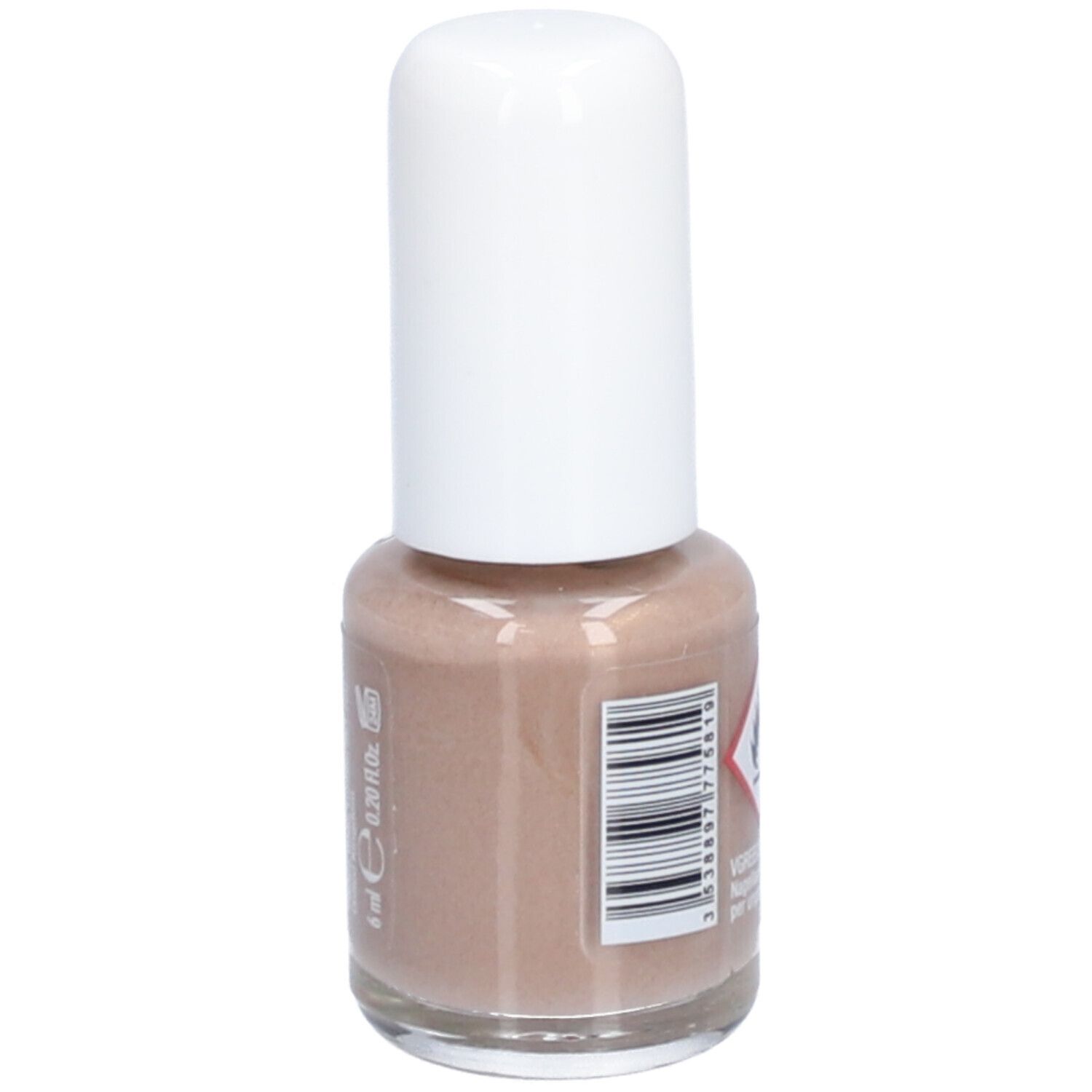 Nagellakfles met witte dop. Opschrift: 6 ml. Waarschuwing. Beige tint. Barcode.