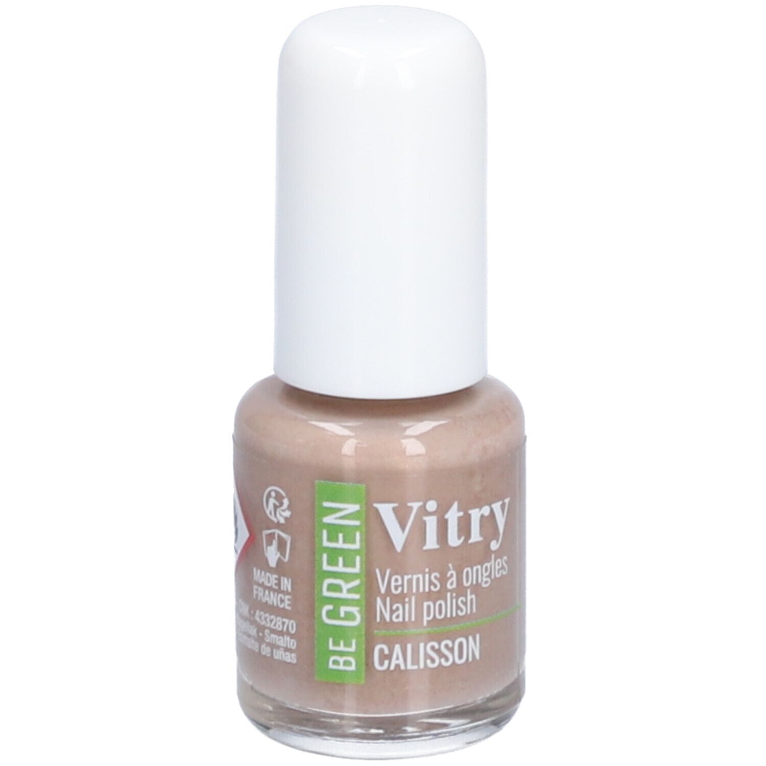 Nagellakfles met witte dop. Opschrift: Vitry, BE GREEN, CALISSON. Beige tint. Waarschuwing.