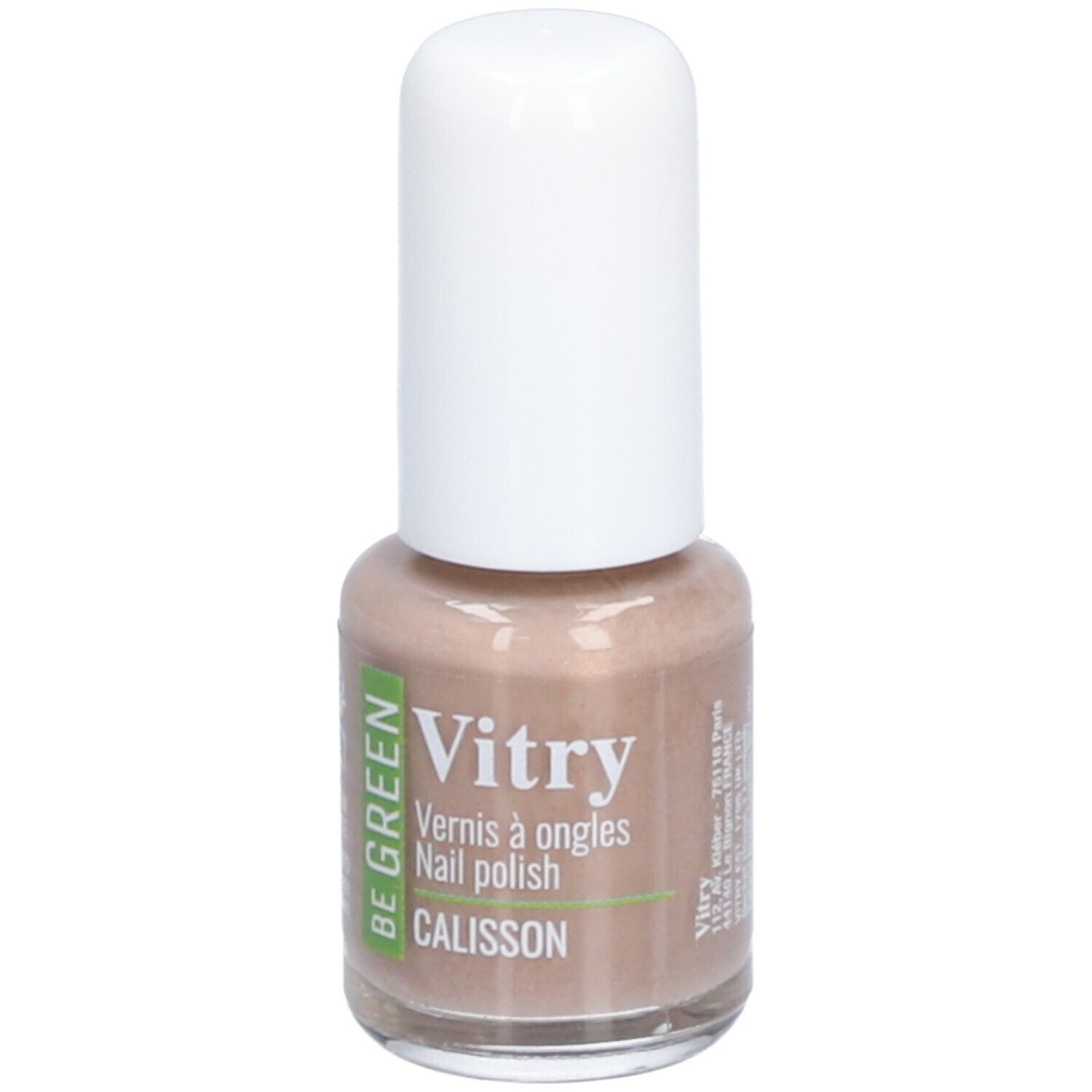 Nagellakfles met witte dop. Opschrift: Vitry, Vernis à ongles, Nail polish, CALISSON. Beige tint.