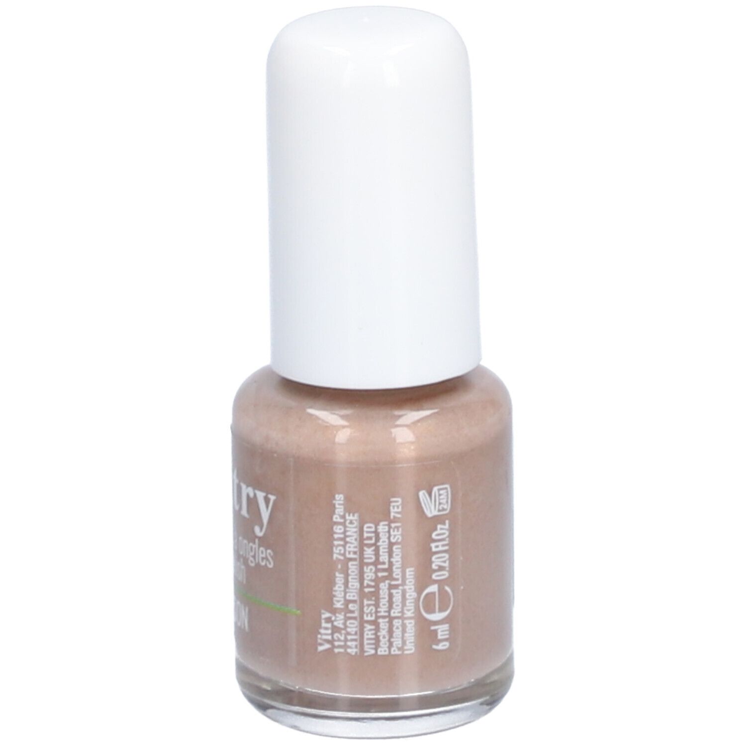 Nagellakfles met witte dop. Opschrift: Vitry, 6 ml, 0.20 fl oz. Beige tint. Adres.