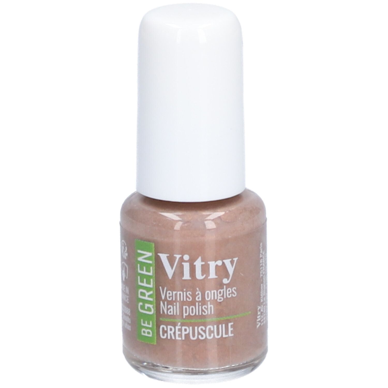 Nagellakflesje met witte dop. Opschrift: Vitry, BE GREEN, Crépuscule. Kleur: bruin.