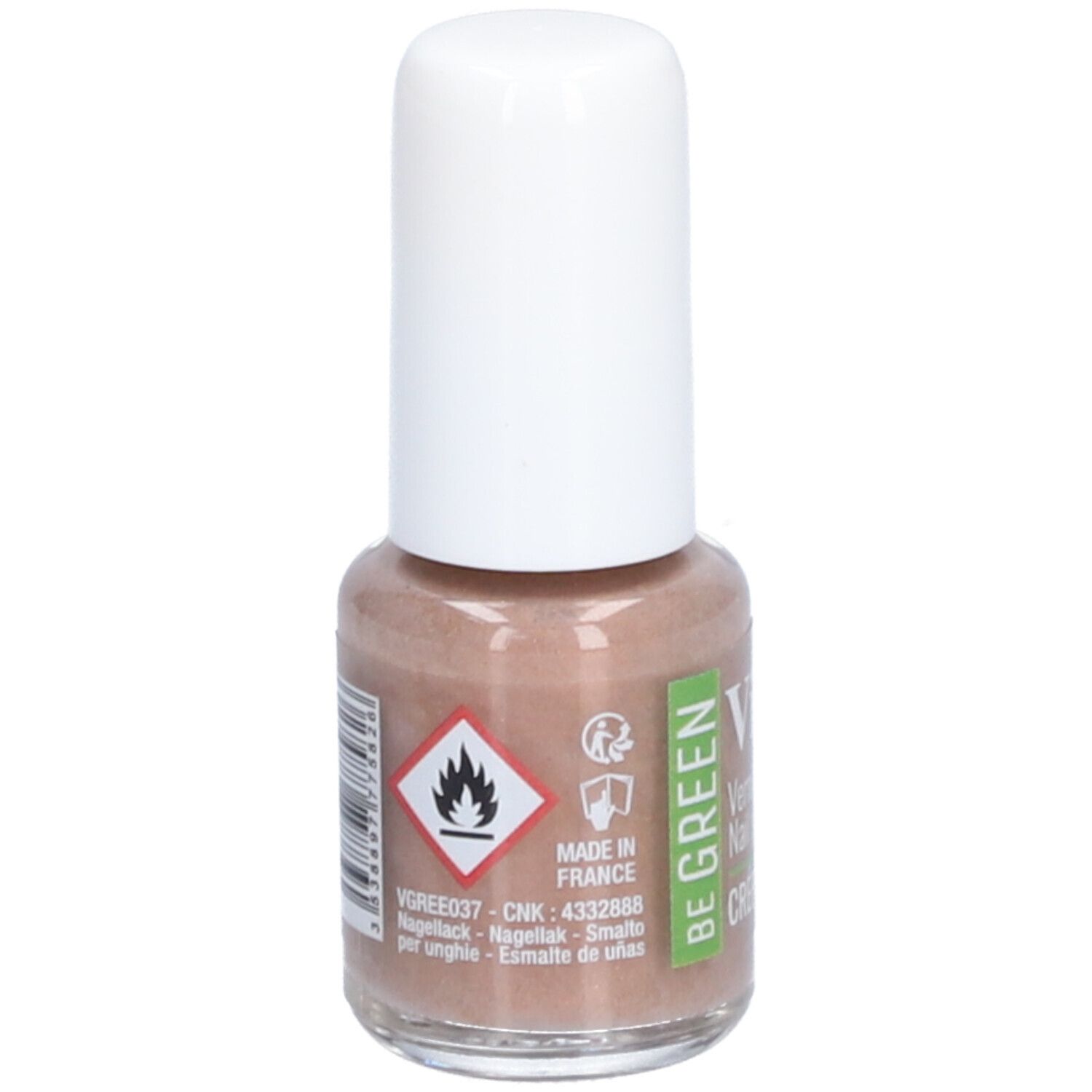 Nagellakflesje met witte dop. Opschrift: Vitry, BE GREEN. Gevaarsymbool. Gemaakt in Frankrijk. Kleur: bruin.