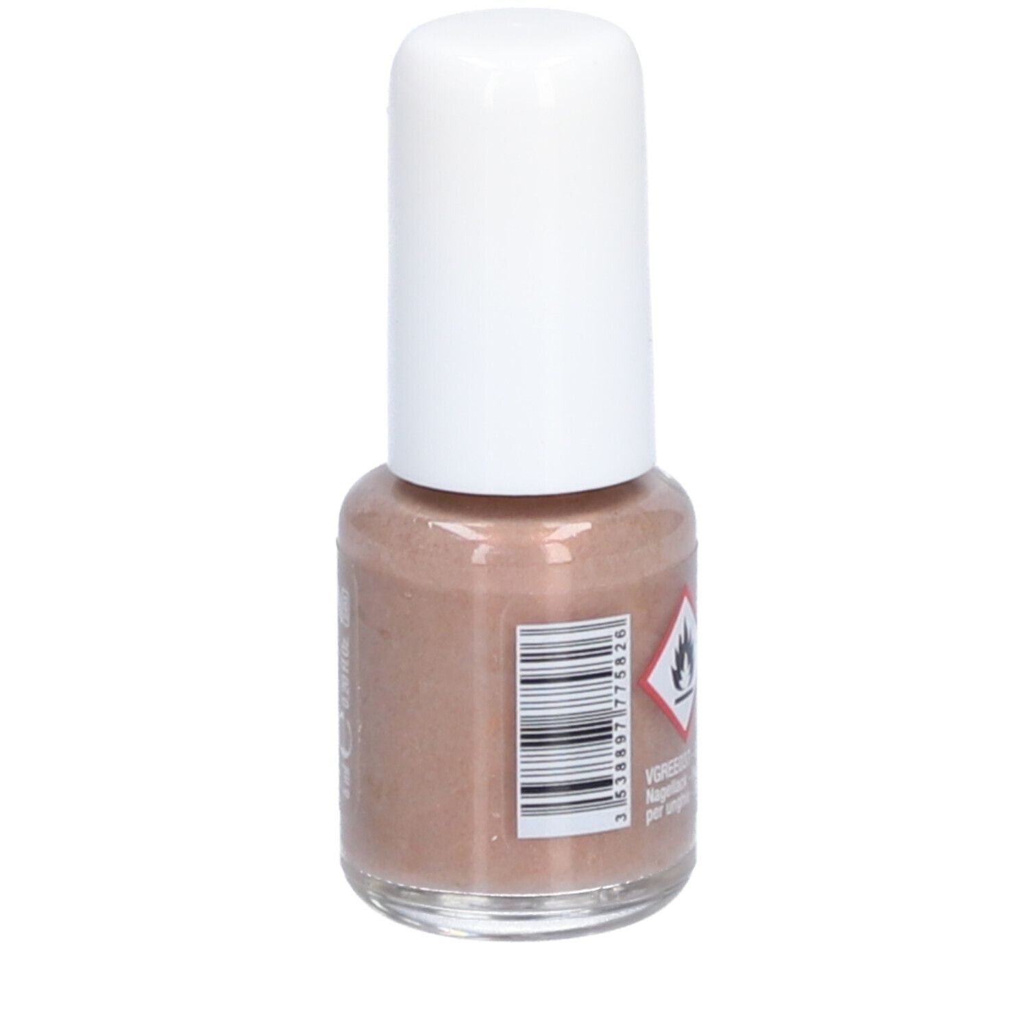 Nagellakflesje met witte dop. Barcode en gevaarsymbool. Kleur: bruin.