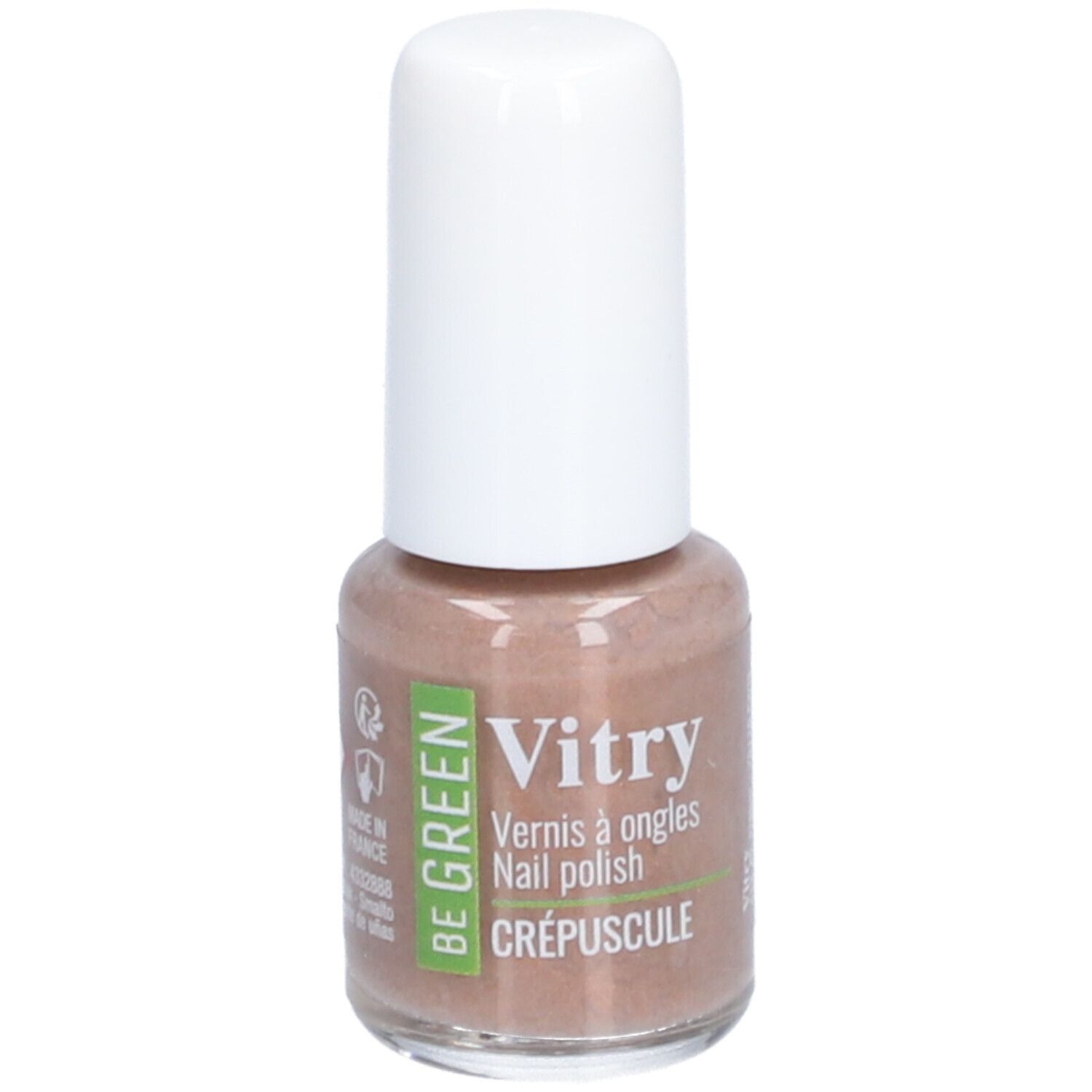 Nagellakflesje met witte dop. Opschrift: Vitry, BE GREEN, Crépuscule. Kleur: bruin.