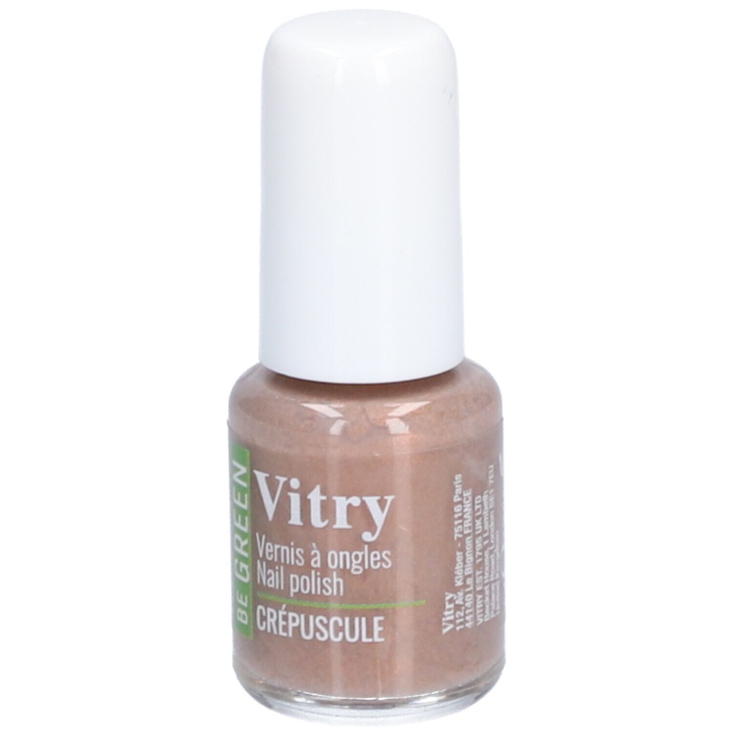 Nagellakflesje met witte dop. Opschrift: Vitry, BE GREEN, Crépuscule. Kleur: bruin.