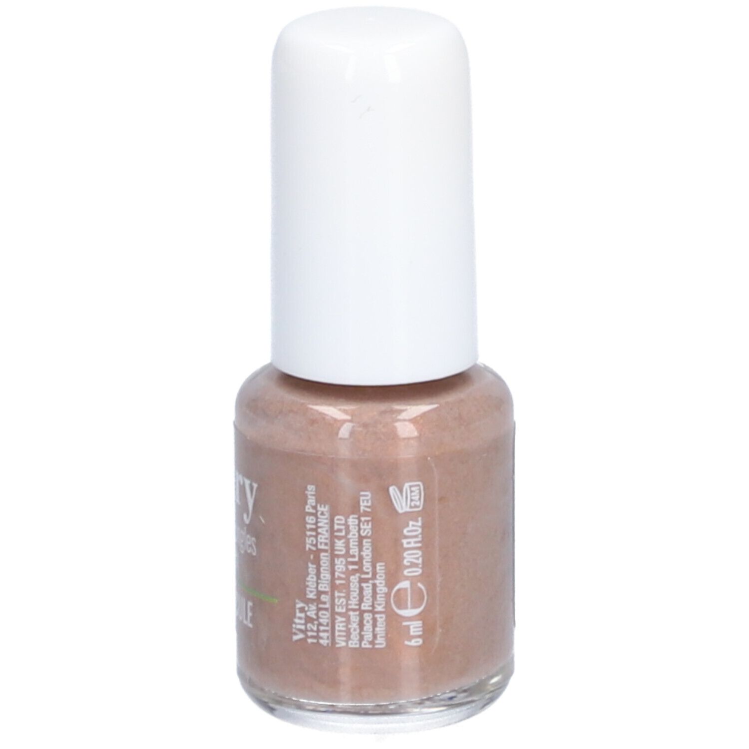 Nagellakflesje met witte dop. Opschrift: Vitry, Crépuscule, 6 ml. Kleur: bruin.