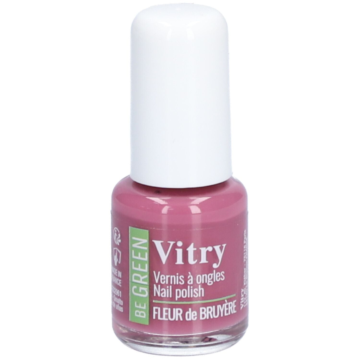 Flacon de vernis à ongles rose, bouchon blanc. Inscription: Vitry, BE GREEN, Fleur de Bruyère.
