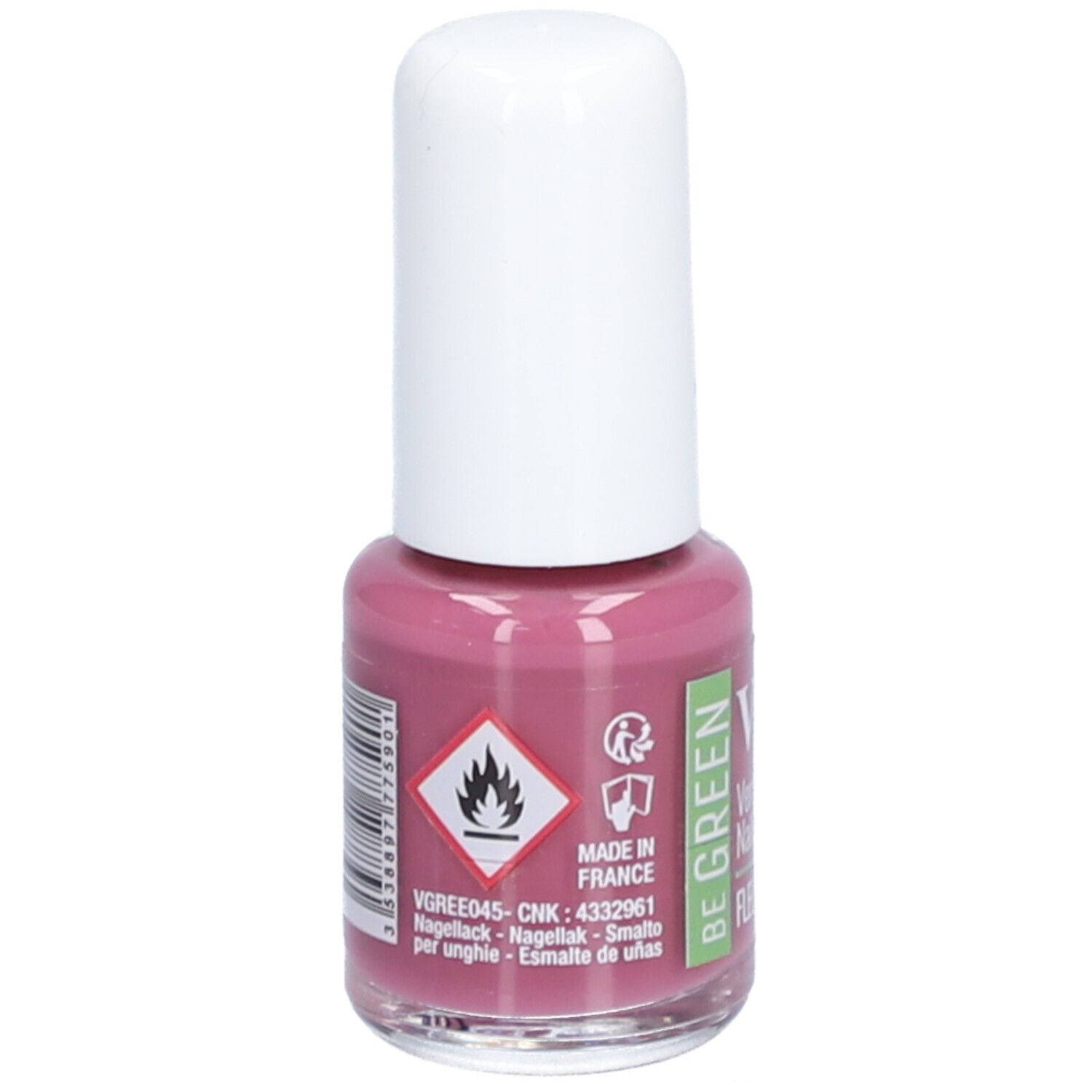 Flacon de vernis à ongles rose, bouchon blanc. Inscription: Vitry, BE GREEN, avertissement.