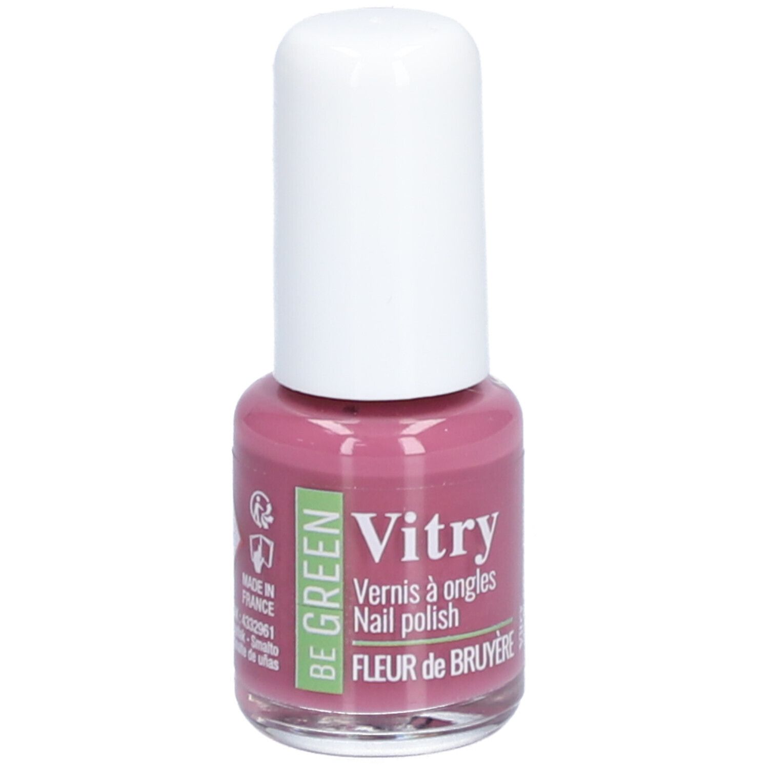 Flacon de vernis à ongles rose, bouchon blanc. Inscription: Vitry, BE GREEN, Fleur de Bruyère.