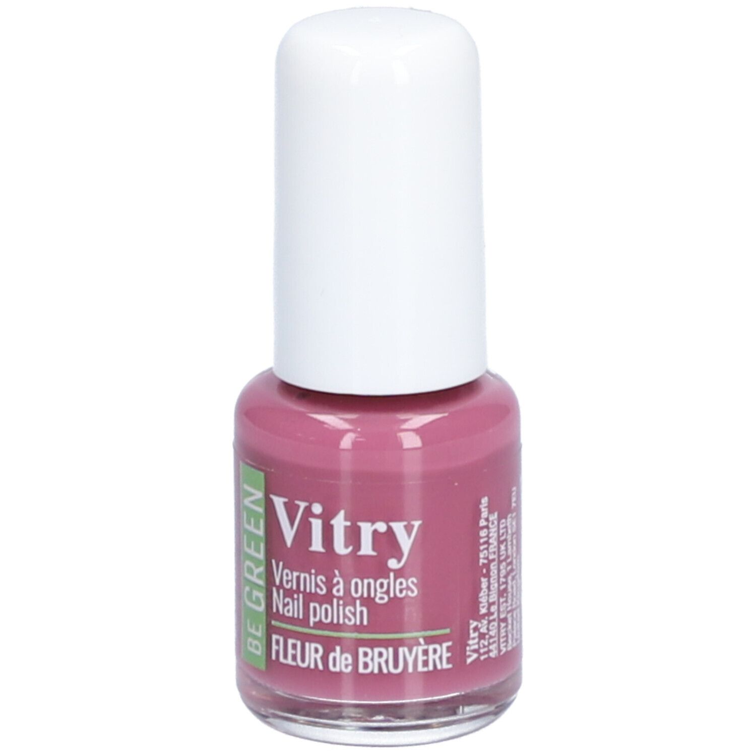 Flacon de vernis à ongles rose, bouchon blanc. Inscription: Vitry, BE GREEN, Fleur de Bruyère, adresse.