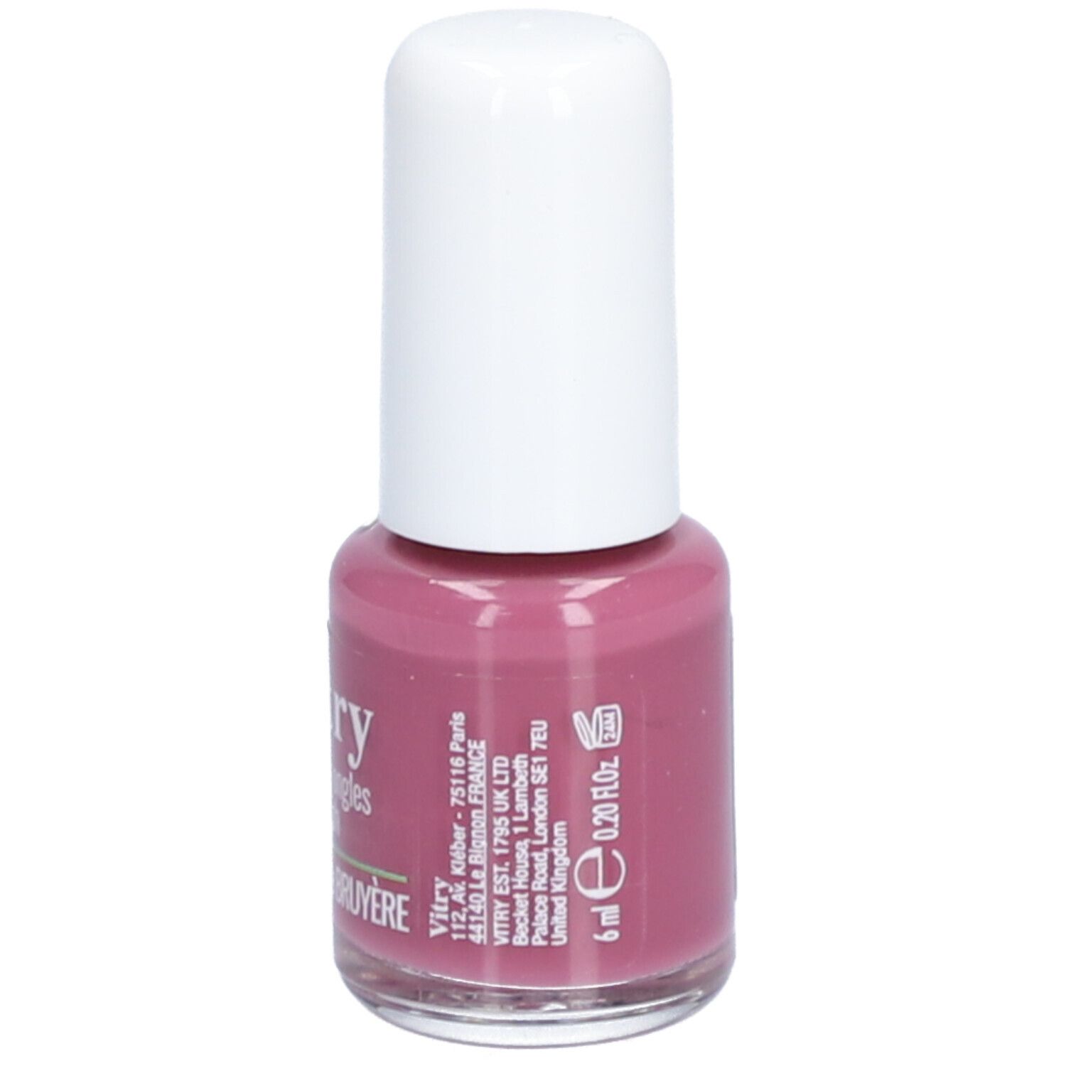 Flacon de vernis à ongles rose, bouchon blanc. Inscription: 6 ml, 0.20 fl.oz, adresse, Vitry, Fleur de Bruyère.