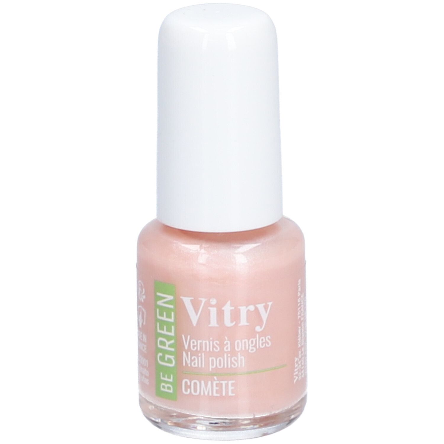 Flacon de vernis à ongles avec bouchon blanc. Inscriptions : Vitry, BE GREEN, COMETE. Teinte rose.