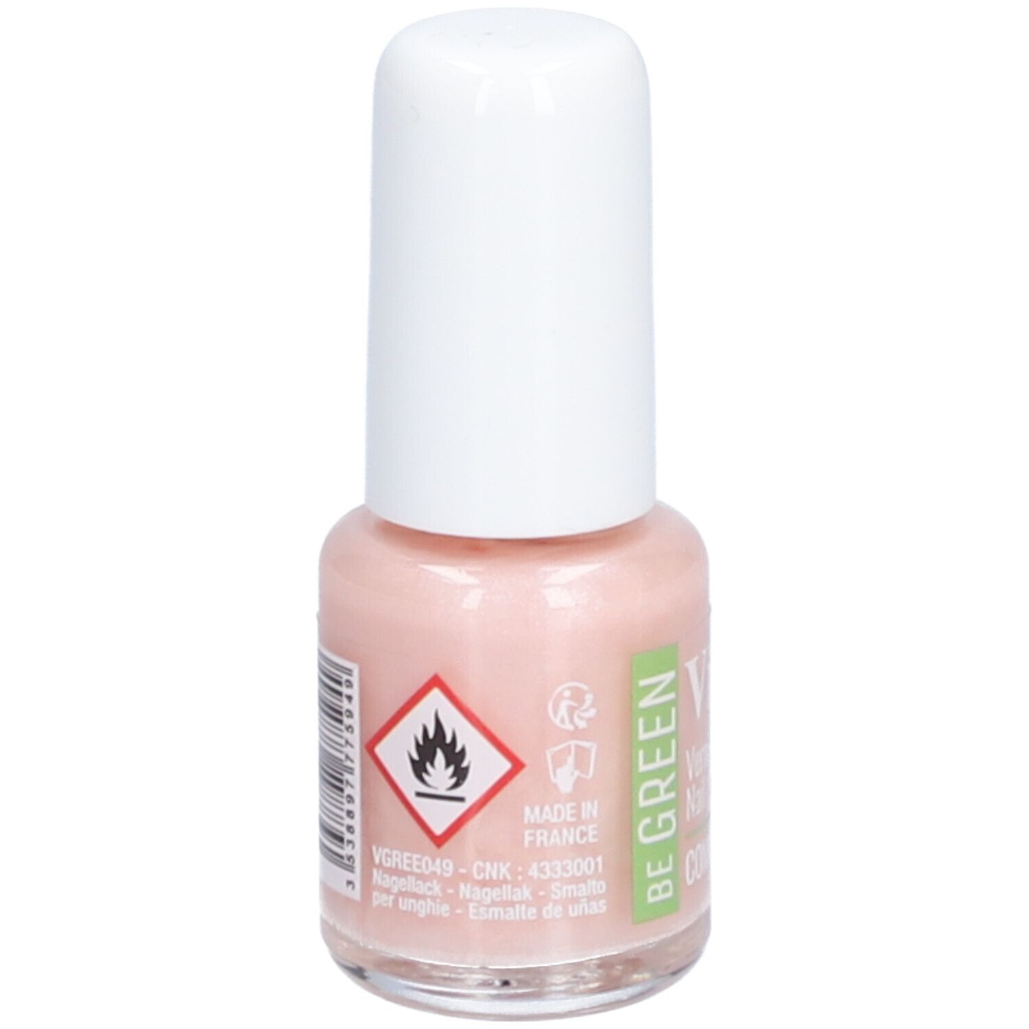 Flacon de vernis à ongles avec bouchon blanc. Inscriptions : Vitry, BE GREEN, COMETE. Teinte rose. Symbole de danger.
