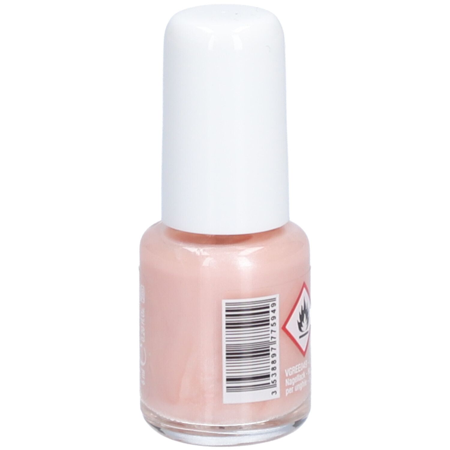 Flacon de vernis à ongles avec bouchon blanc. Teinte rose. Code-barres et symbole de danger.