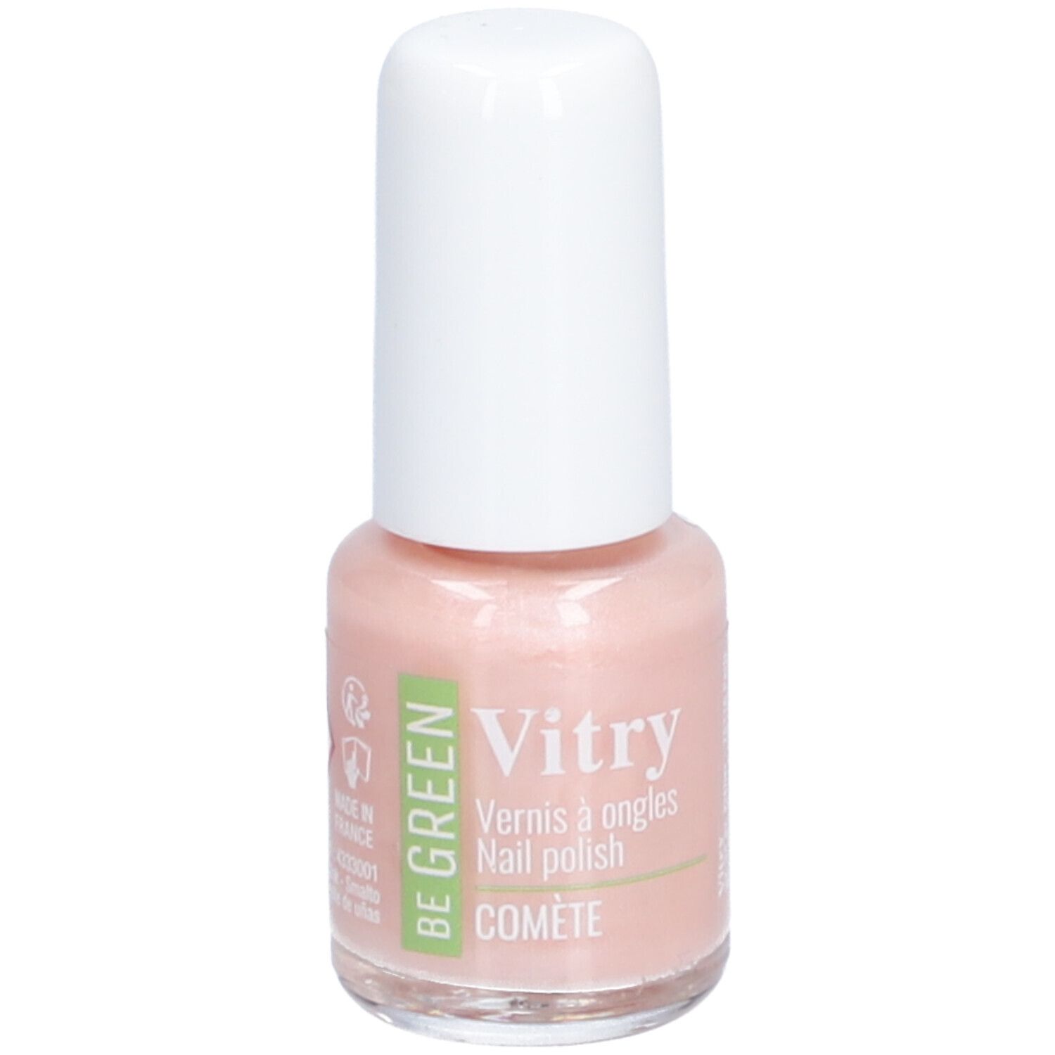 Flacon de vernis à ongles avec bouchon blanc. Inscriptions : Vitry, BE GREEN, COMETE. Teinte rose. Origine.