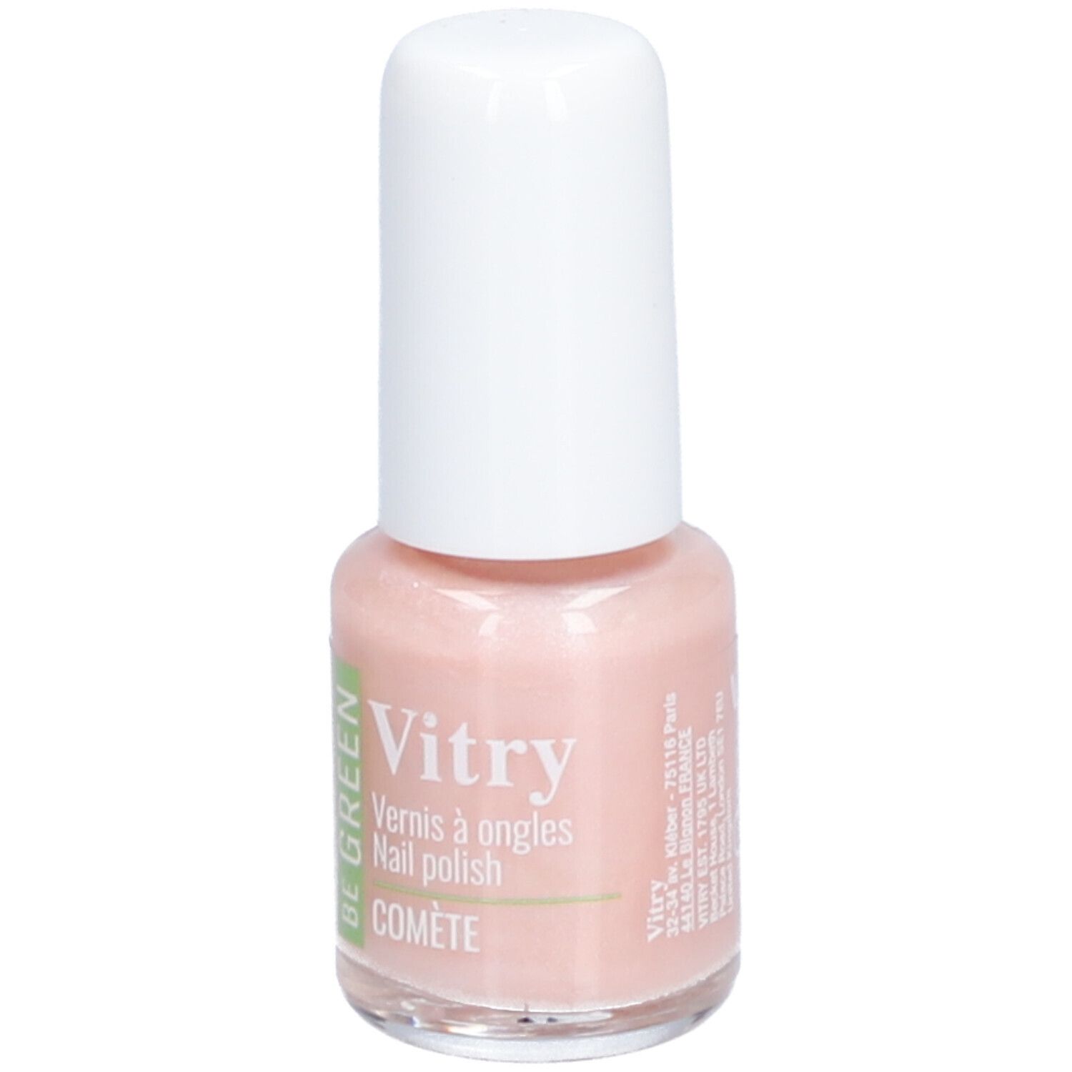 Flacon de vernis à ongles avec bouchon blanc. Inscriptions : Vitry, BE GREEN, COMETE. Teinte rose.