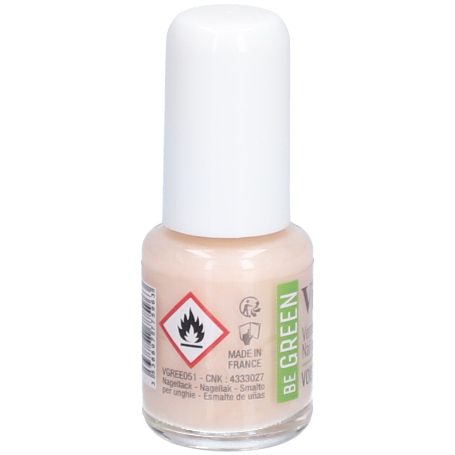 Flacon de vernis à ongles avec bouchon blanc. Inscription: Vitry, Vernis à ongles, VOIE LACTÉE. Symbole de danger, Made in France.