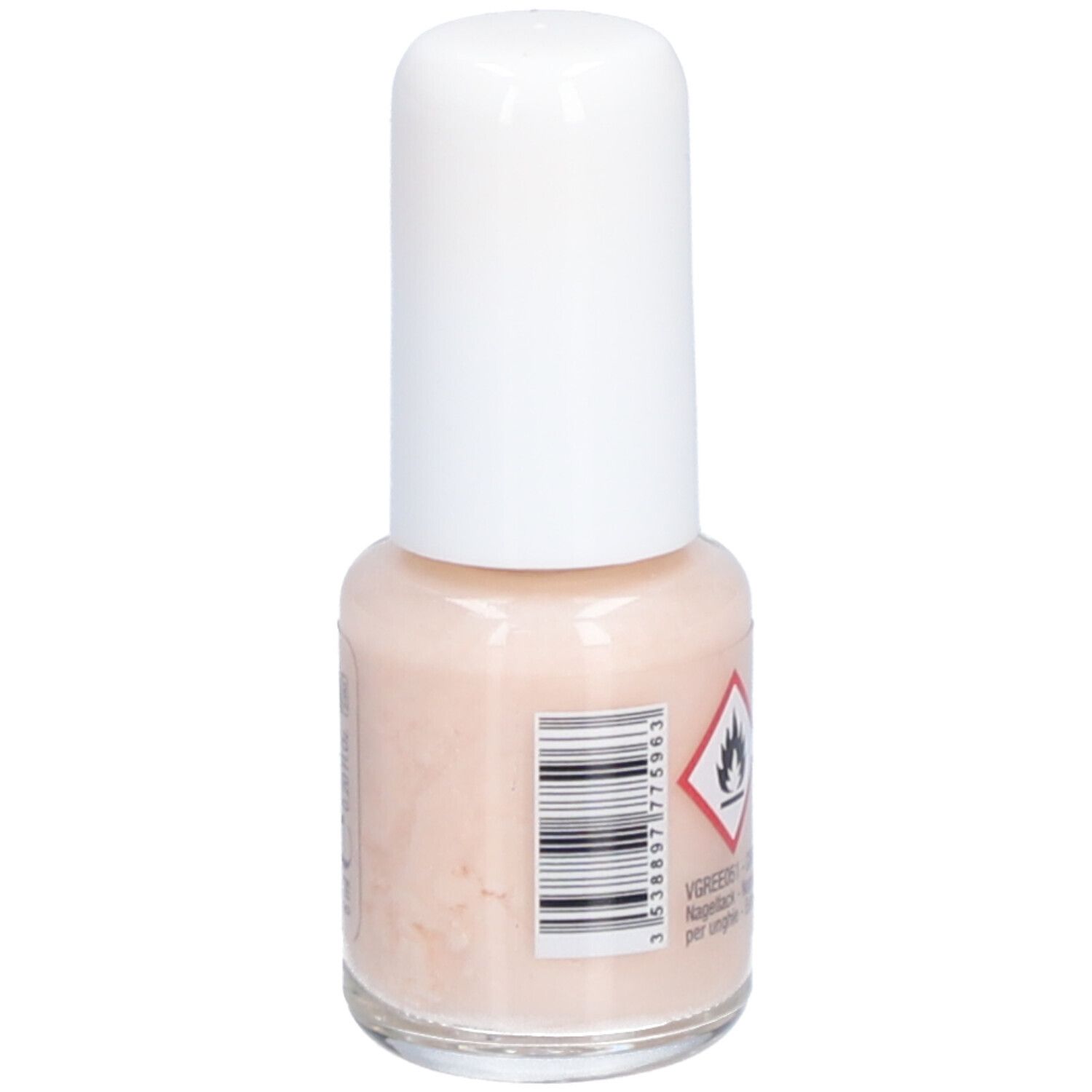 Flacon de vernis à ongles avec bouchon blanc. Inscription: Vitry, Vernis à ongles, VOIE LACTÉE. Code-barres et symbole de danger.
