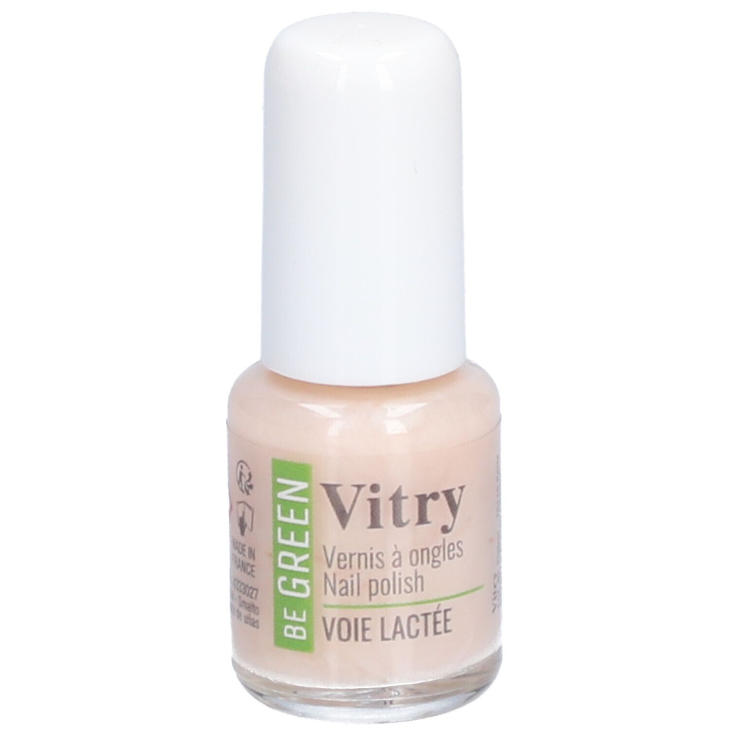 Flacon de vernis à ongles avec bouchon blanc. Inscription: Vitry, Vernis à ongles, VOIE LACTÉE. Logo Be Green.
