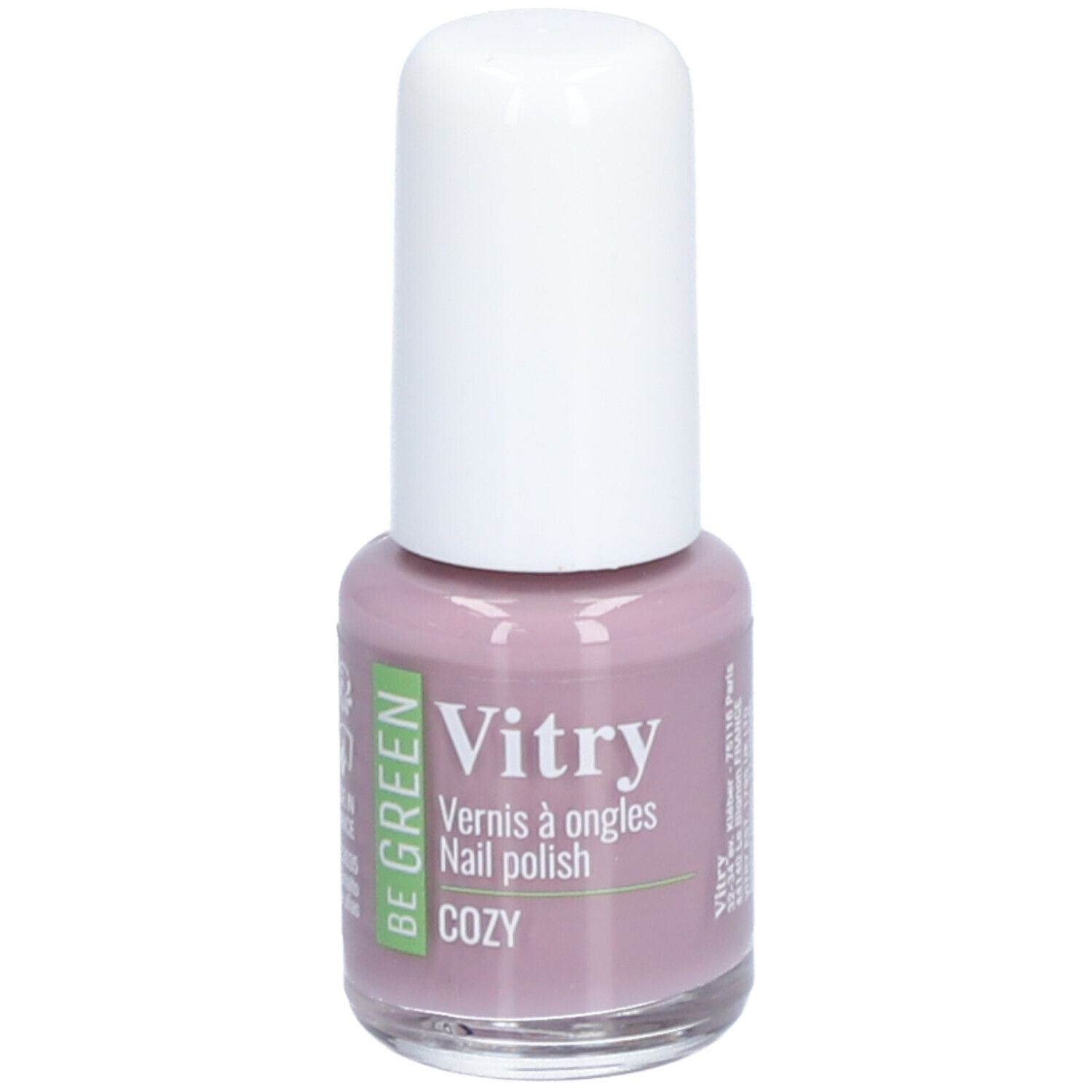 Flacon de vernis à ongles avec bouchon blanc. Inscription : Vitry, Vernis à ongles, Nail polish, COZY. Couleur : Rose.