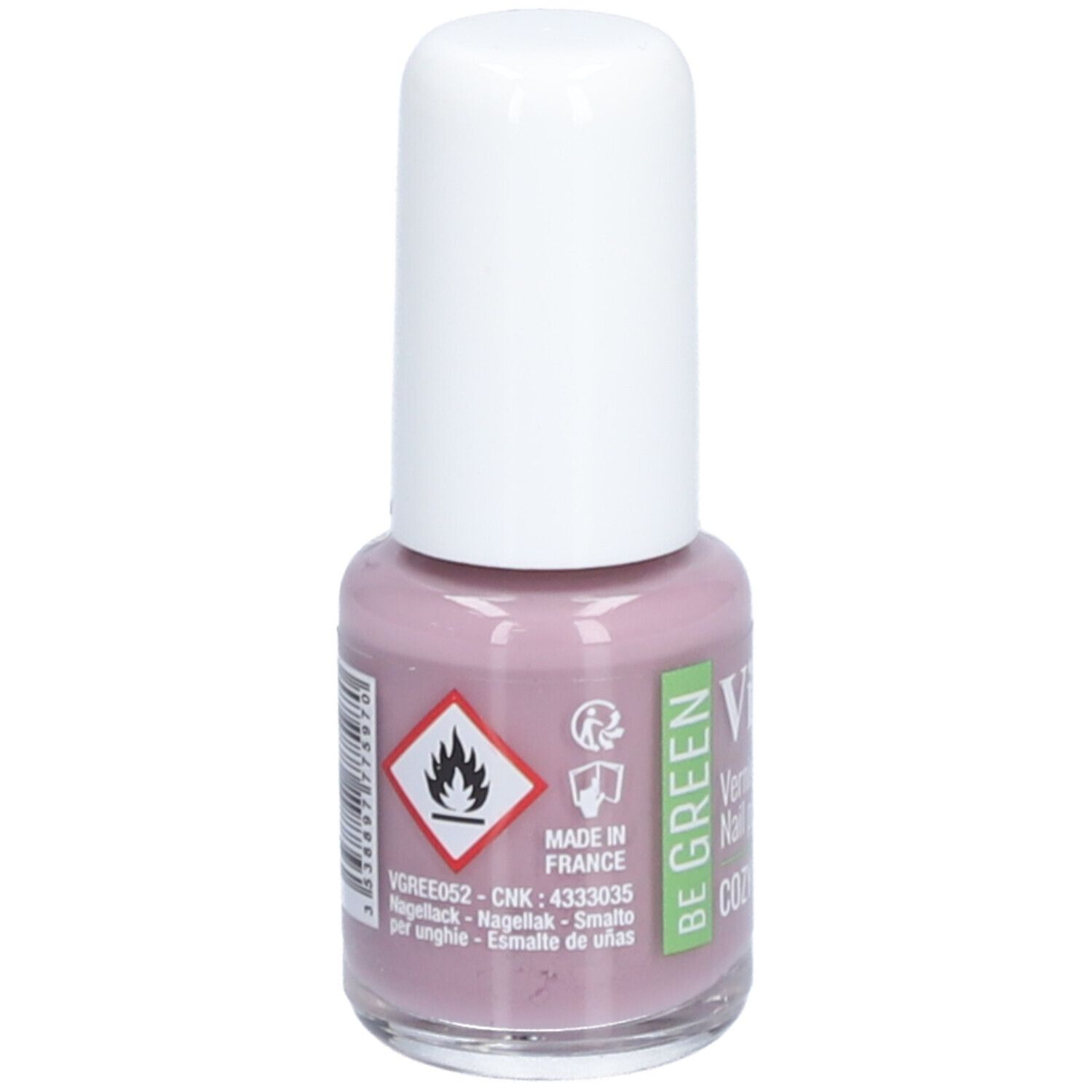Flacon de vernis à ongles avec bouchon blanc. Inscription : Vitry, Vernis à ongles, Nail polish. Avertissement. Fabriqué en France.