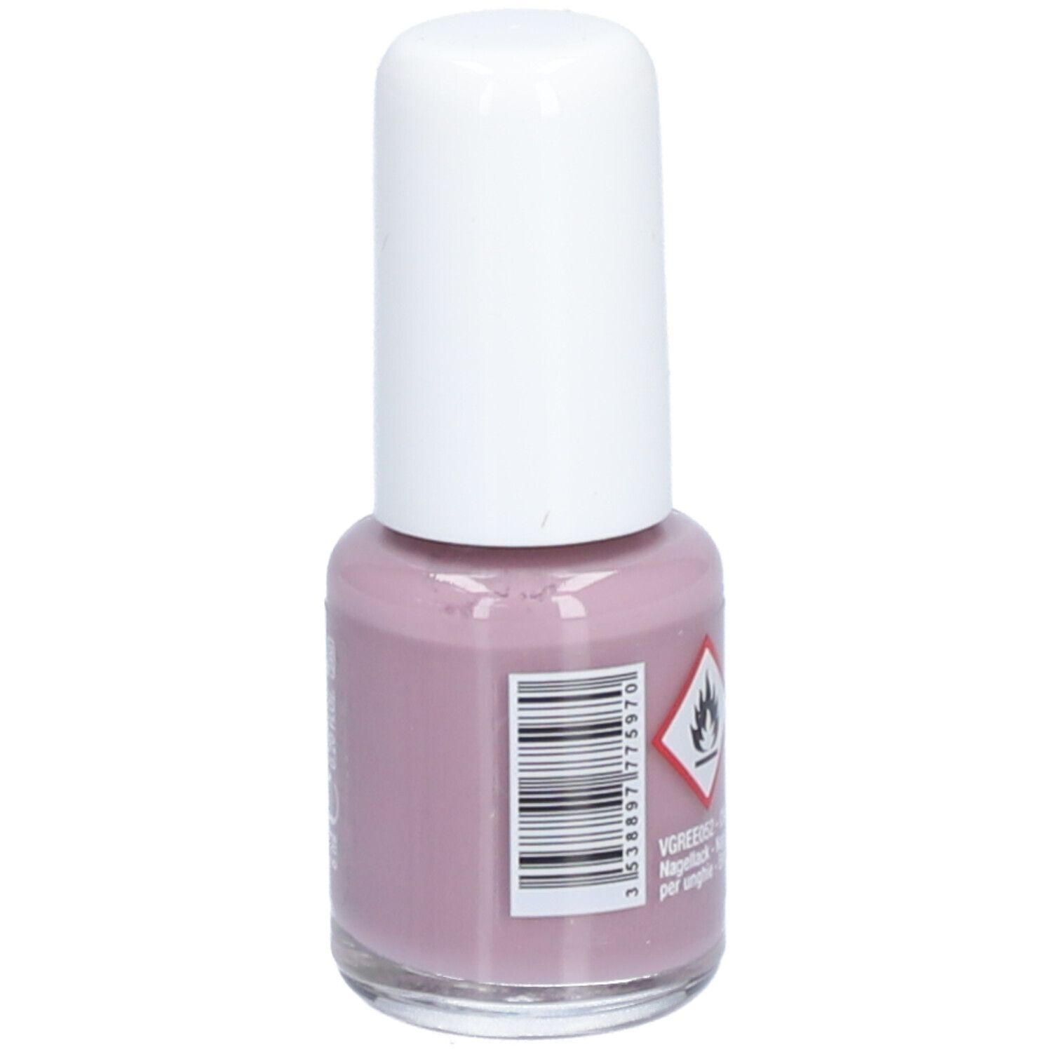 Flacon de vernis à ongles avec bouchon blanc. Dos avec code-barres et avertissement. Couleur : Rose.