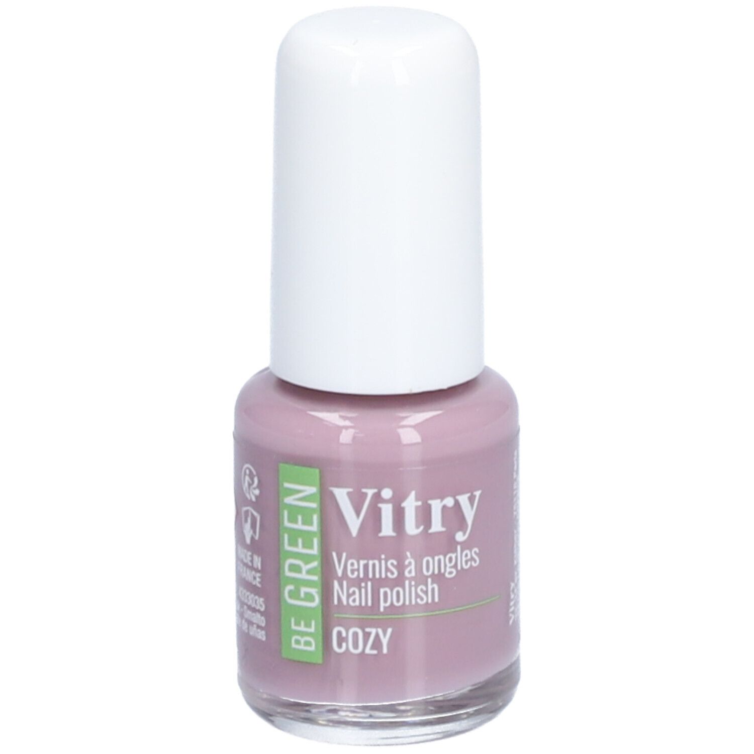 Flacon de vernis à ongles avec bouchon blanc. Inscription : Vitry, Vernis à ongles, Nail polish, COZY. Couleur : Rose.