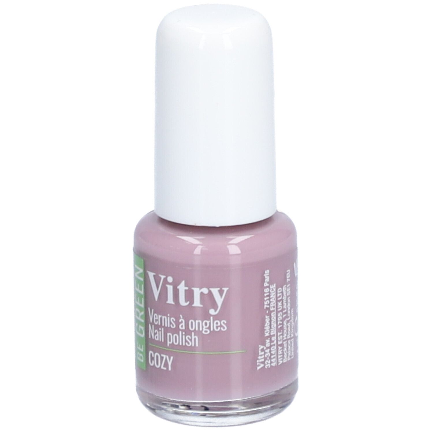 Flacon de vernis à ongles avec bouchon blanc. Inscription : Vitry, Vernis à ongles, Nail polish, COZY. Couleur : Rose.