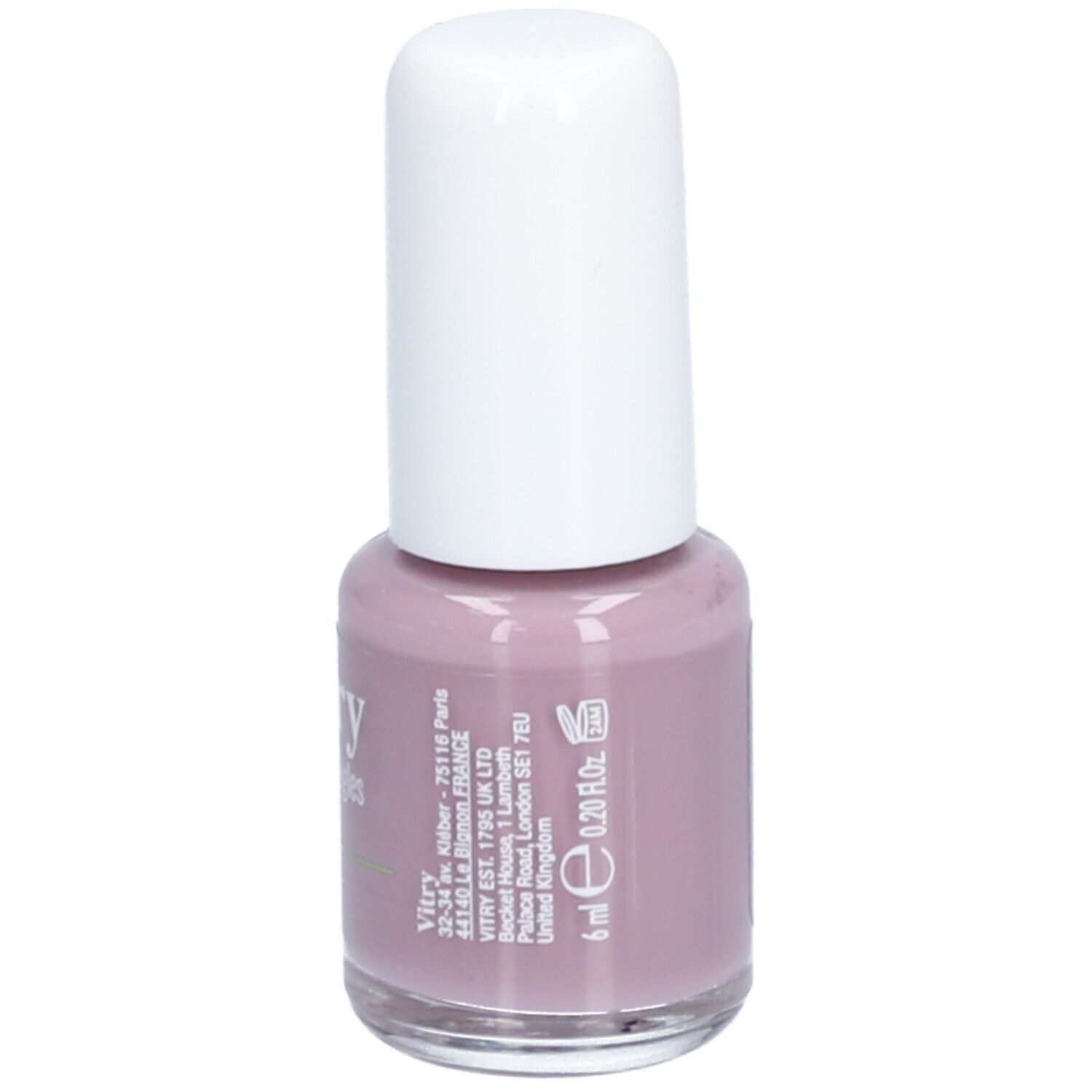 Flacon de vernis à ongles avec bouchon blanc. Inscription : Vitry, Vernis à ongles, Nail polish. Volume : 6 ml.