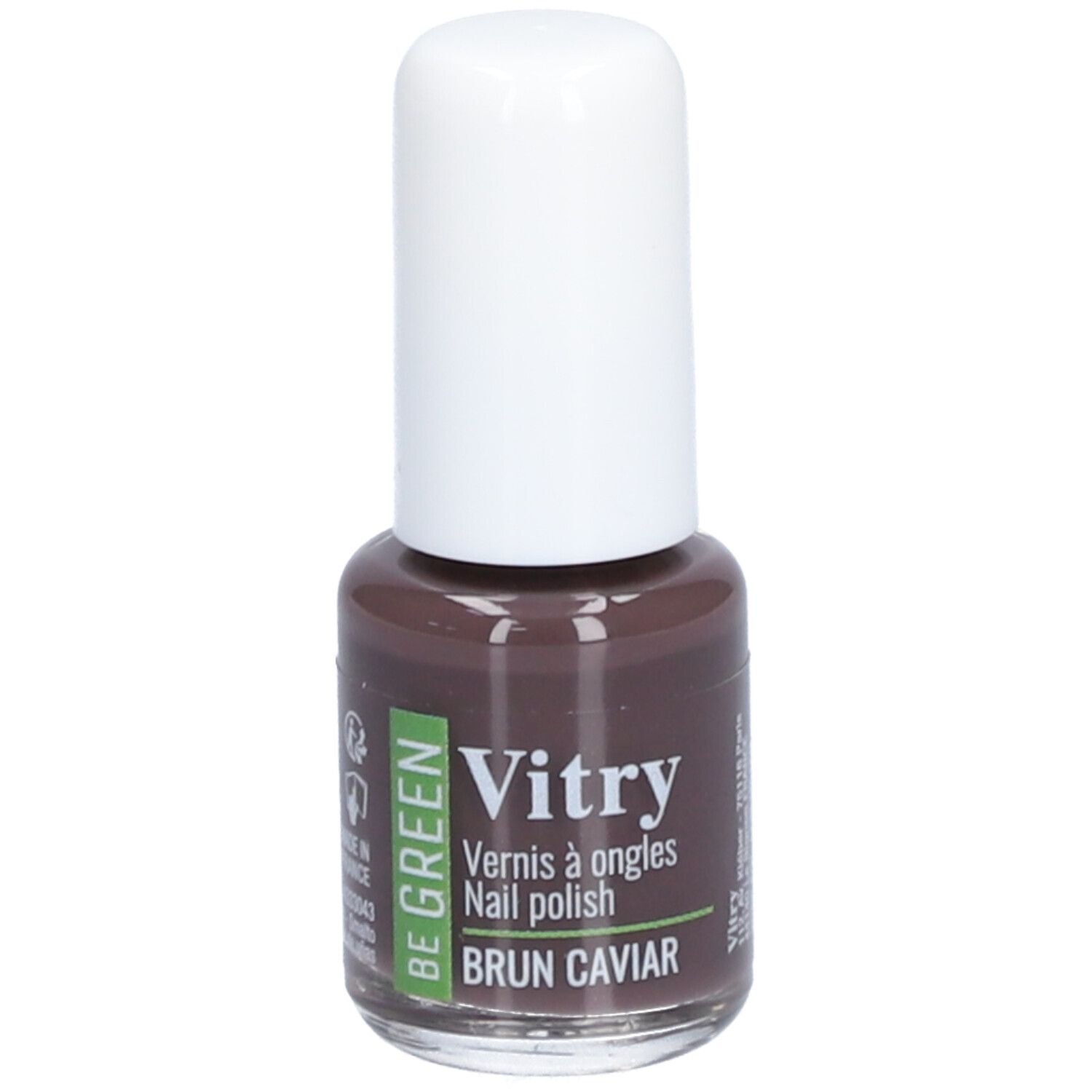 Flacon de vernis à ongles avec bouchon blanc. Inscription : Vitry, BE GREEN, BRUN CAVIAR. Couleur marron.