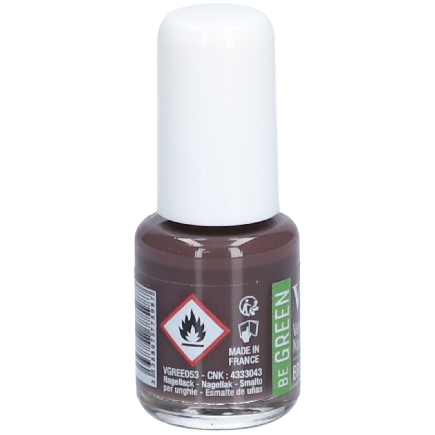 Flacon de vernis à ongles avec bouchon blanc. Inscription : Vitry, BE GREEN, BRUN CAVIAR. Couleur marron. Avertissement.